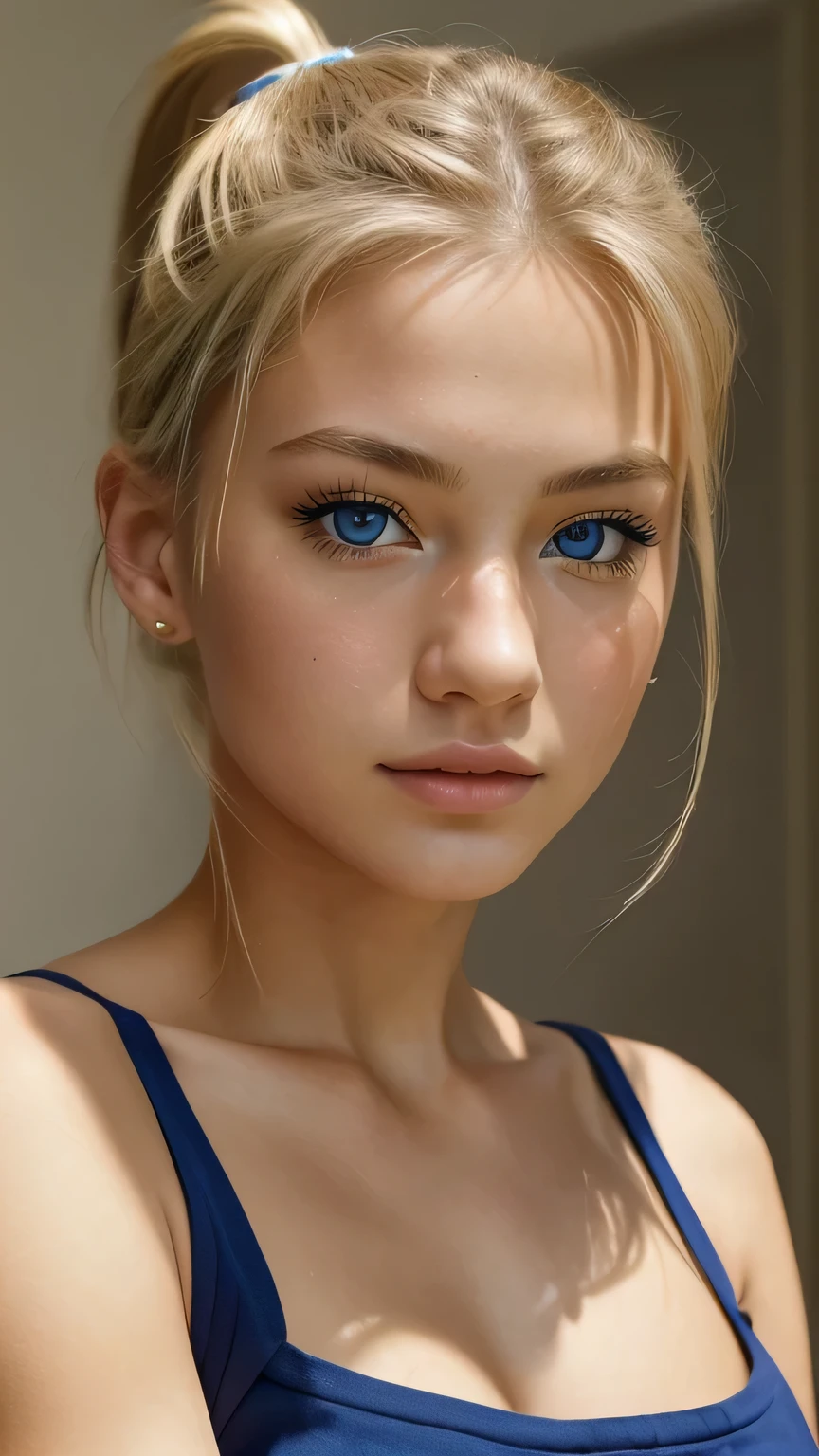 ((best quality)), ((masterpiece)), (detailed), half german half asian, A photorealistic portrait, realistic, a beautiful woman, 18 years old with light blonde hair in a ponytail, , modeling expressions, beautiful blue eyes, human nose looking camera just face