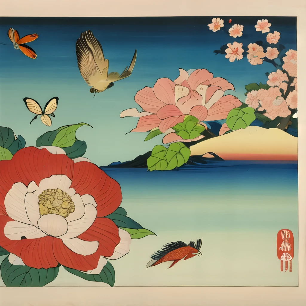 (masterpiece, best quality:1.2),Ukiyo-e style,Flowers, birds, fish and insects,trees,animal,