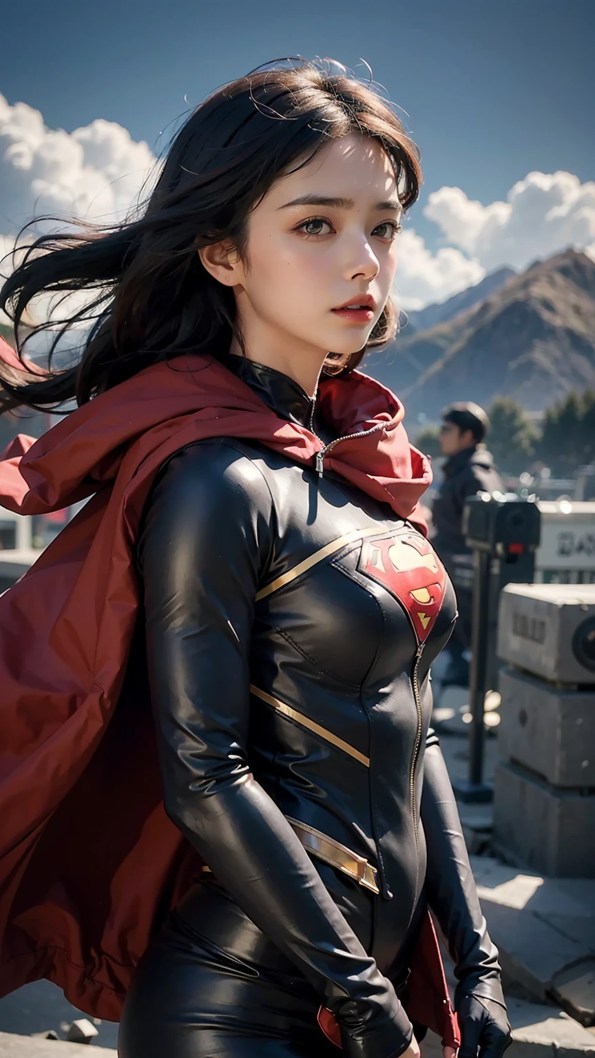 Woman wearing detailed SuperMan costume with full sleeves covering the entire body, serious face, (flying in sky), vivid colors, dramatic lighting, red cape, cinematic costume, carbon fiber detailed suit,