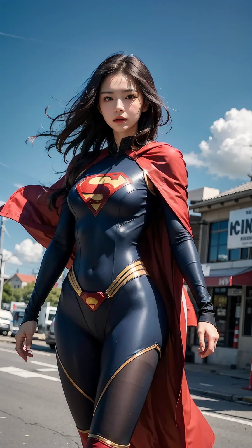 Woman wearing detailed SuperMan costume with full sleeves covering the entire body, serious face, (flying in sky), vivid colors, dramatic lighting, red cape, cinematic costume, carbon fiber detailed suit,