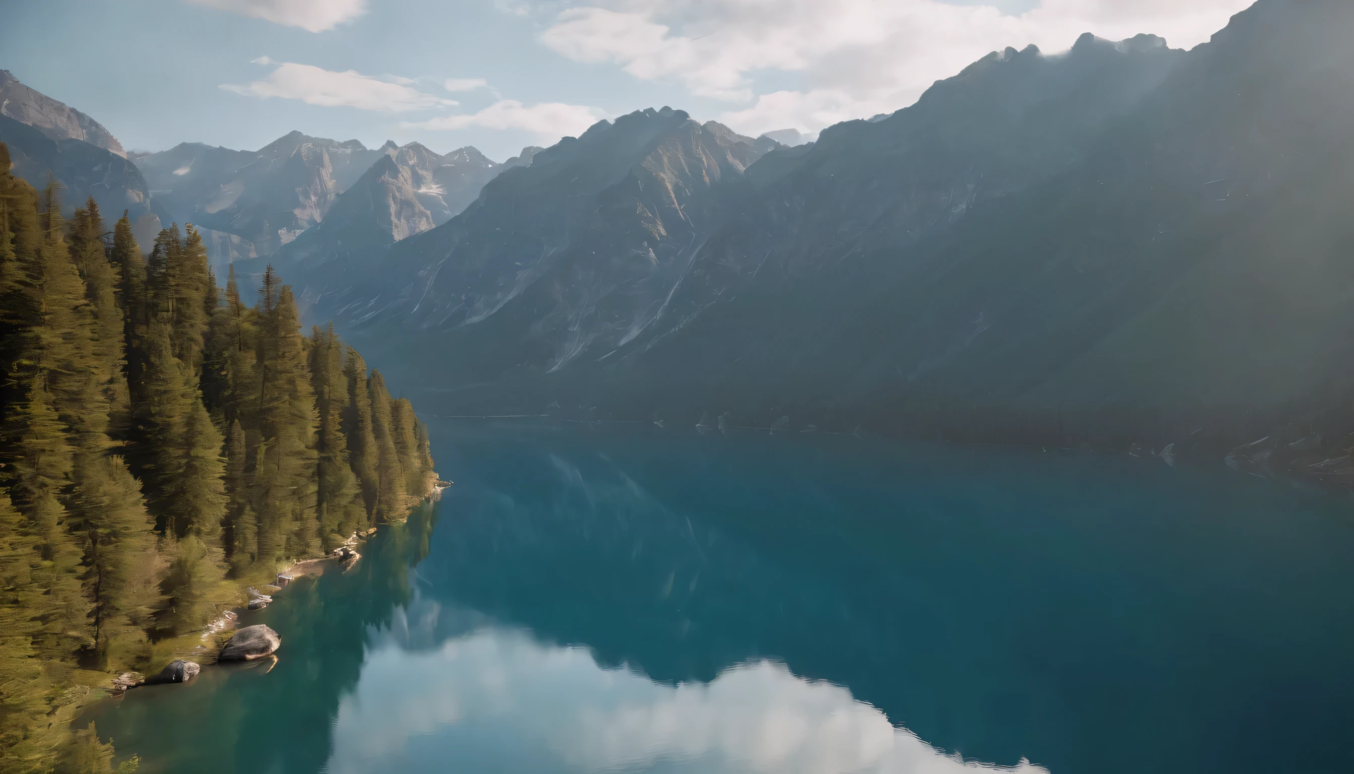 (Highly detailed CG Unity 8k wallpaper、masterpiece、highest quality、Super detailed)、(best lighting、best shadow、very delicate and beautiful)、highest quality、8k、Detailed facial depiction、masterpiece、highest quality、clear image quality、
majestic rocky mountains々and lake scenery。