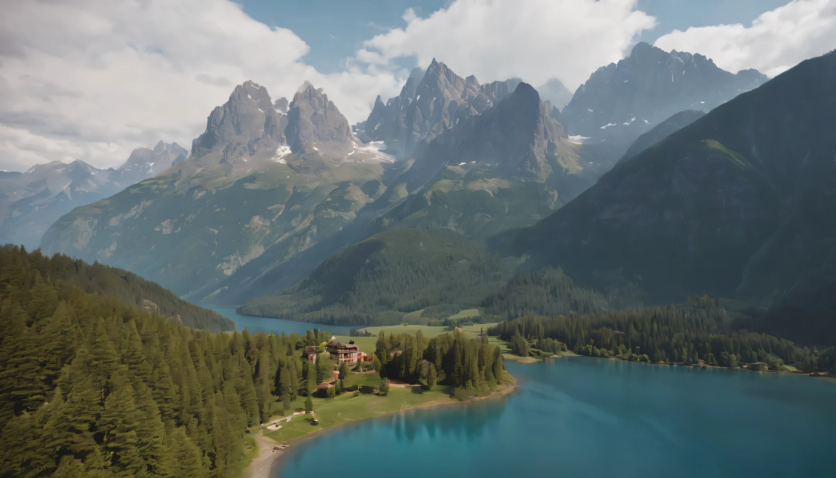 (Highly detailed CG Unity 8k wallpaper、masterpiece、highest quality、Super detailed)、(best lighting、best shadow、very delicate and beautiful)、highest quality、8k、Detailed facial depiction、masterpiece、highest quality、clear image quality、
majestic rocky mountains々and lake scenery。