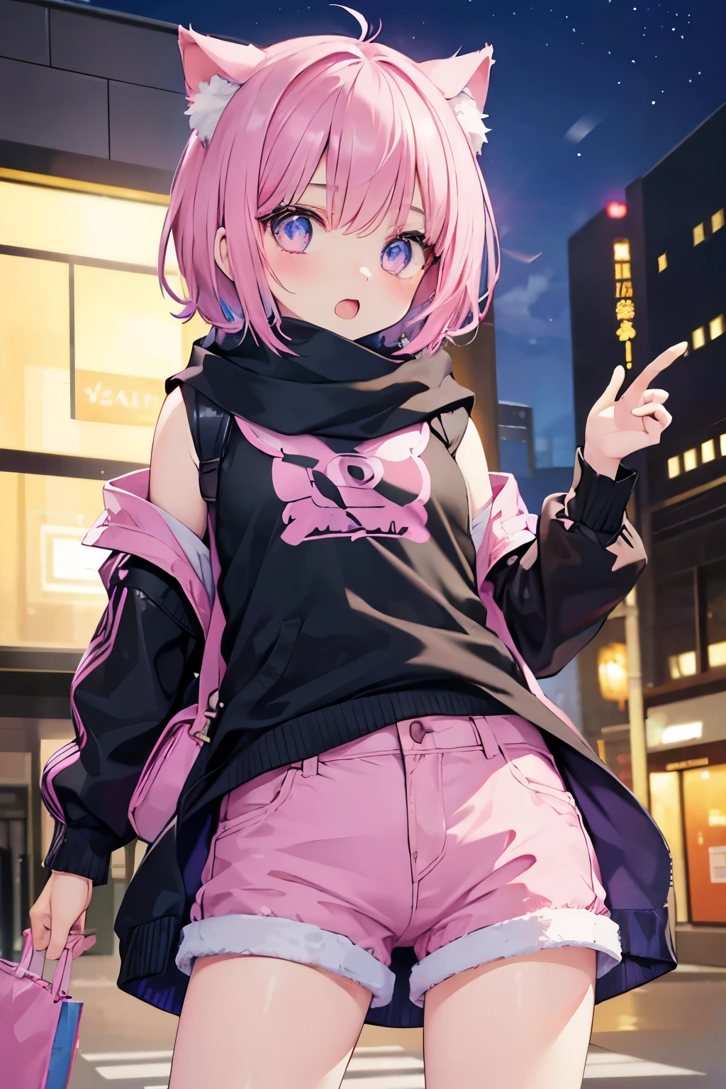 Very beautiful and shining eyes、shining eyes、1 girl、small breasts、big mouth、small breasts、Cat ear、Transparent pink short hair、scarf、hot pants、7 year old girl、childish clothes