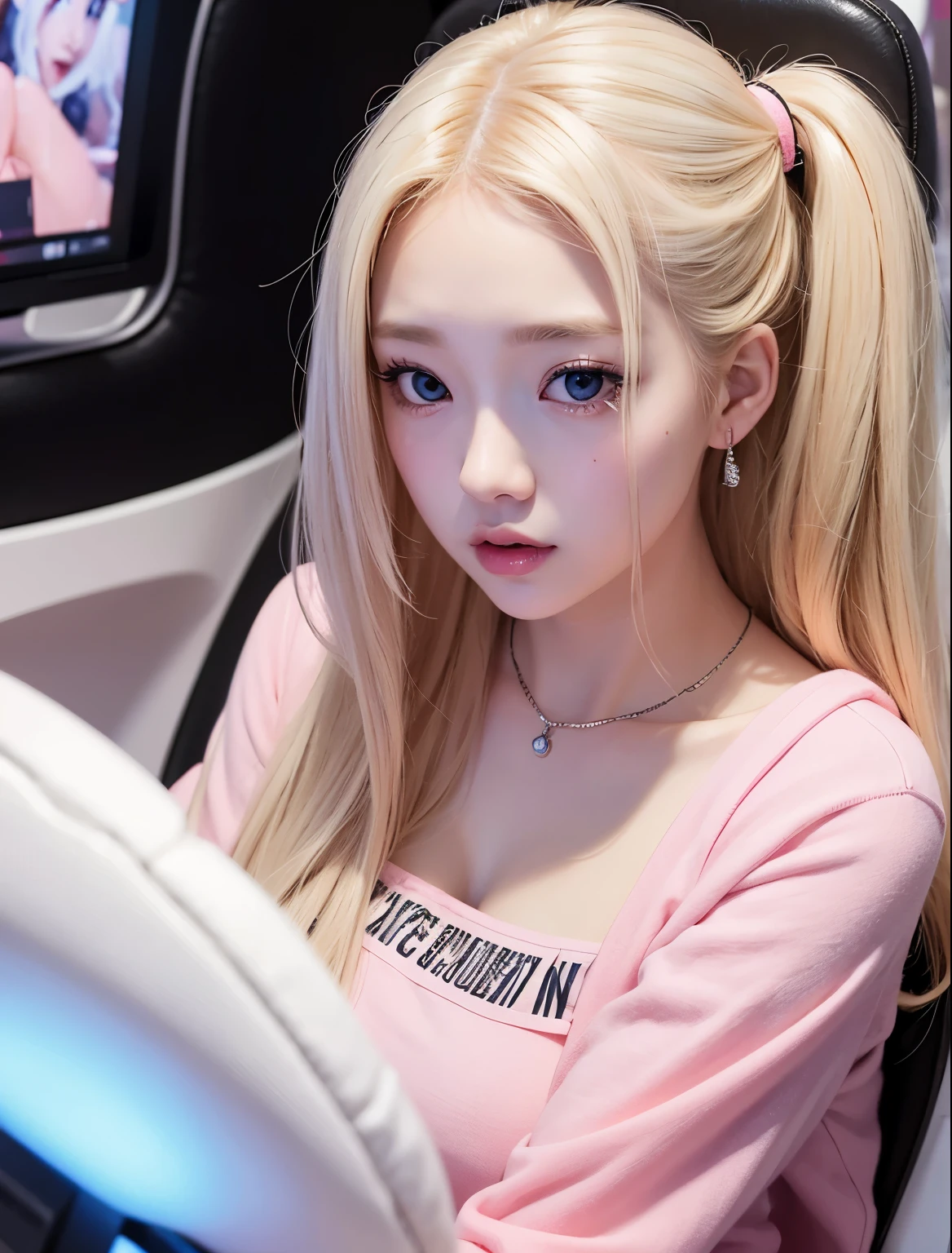 A young pretty 22 year old girl with light blonde hair sitting in a gaming chair, pink and geeky room, ropa estilo Coquette, Sweet conejita, chica linda, very tender asian girl with pale skin, ojos grandes, labios gruesos, ropa rosada y linda, ella tiene el cabello largo y blanco, her face is pretty like a baby, se parece a Jang Wonyoung de ive, has big eyes and small mouth, labios gruesos, cabello de color blanco.