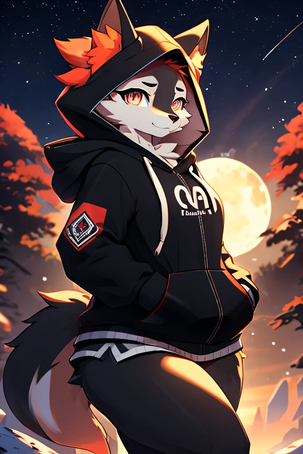 1girl, furry, black fur, ultra cute face, red elements on fur, glowing hoodie, ultra detailed fur, volumetric light, (thick thighs:0.9), (Sharp eyeliner, Detailed eyes:1.1), legs spread:1.1, (view from front:0.8), tail, (breast:0.6)
