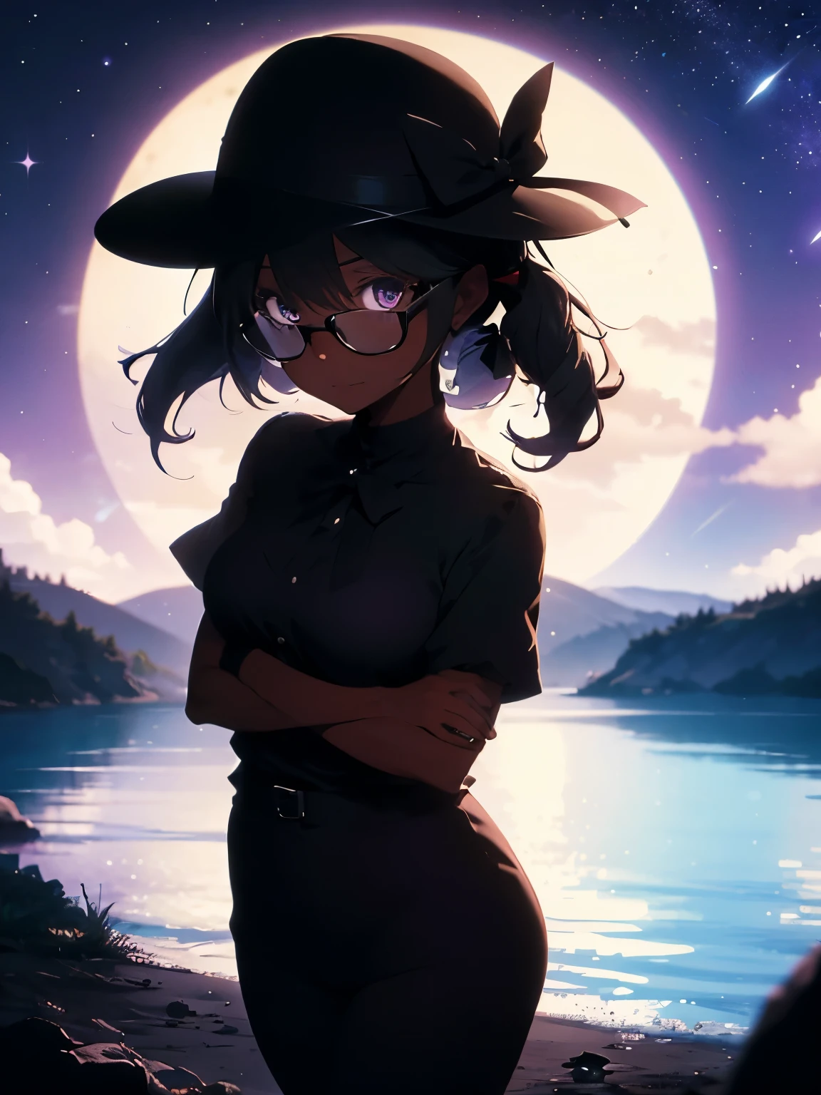 1girl, Anime Girl, Tanned Skin, Black Fedora Hat with a Black Ribbon, Black Eyes, Black Glasses, Black Dress with Black Pants, Black Heels, Grassy Hills Nighttime Background, Cinematic Lighting, Moon Shine, Stars, Dark Blue Sky, Soft Expression, Close-up Portrait, Standing Position, Body Shot