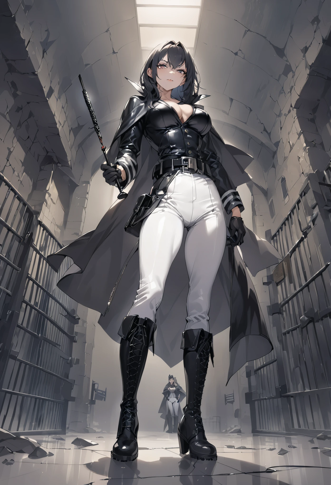 Mature female, ((solo)),(1girl),standing, full body, authority, leather outfit, dominant, (muscular:0.5), long sleeves, black gloves, double-breasted, (black knee-high combat boots:1.4), (white pants:1.2), slim, devious, seductive, evil, confident,belt, cape, standing, dungeon, bedroom, military uniform, looking at viewer, from below,clean floor,modern prison,guard,warden,queen,commander, (smirk:0.33),(holding riding crop:1.3),(looking at viewer),