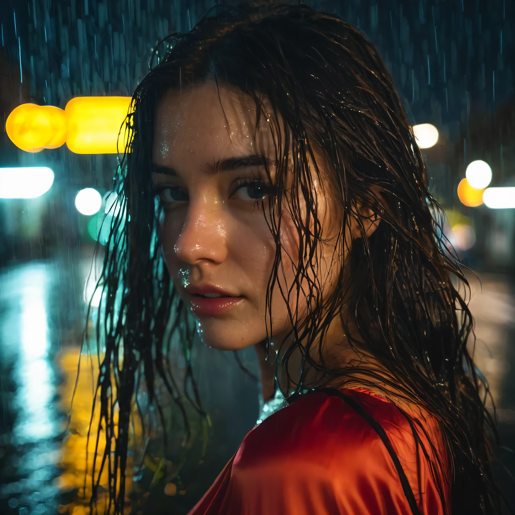 1girl,solo,long hair,Rough skin,from back,face focus,(looking at viewer:1.2),wet hair,dark,polaroid,(depth_of_field:1.5),rainy days,outdoors,street,hair between eyes,moody lighting,Tyndall effect,Cinematic Lighting,night,lamppost,lens flare,available light,rim light,glowing neon lights,curvy,Red silk dress,