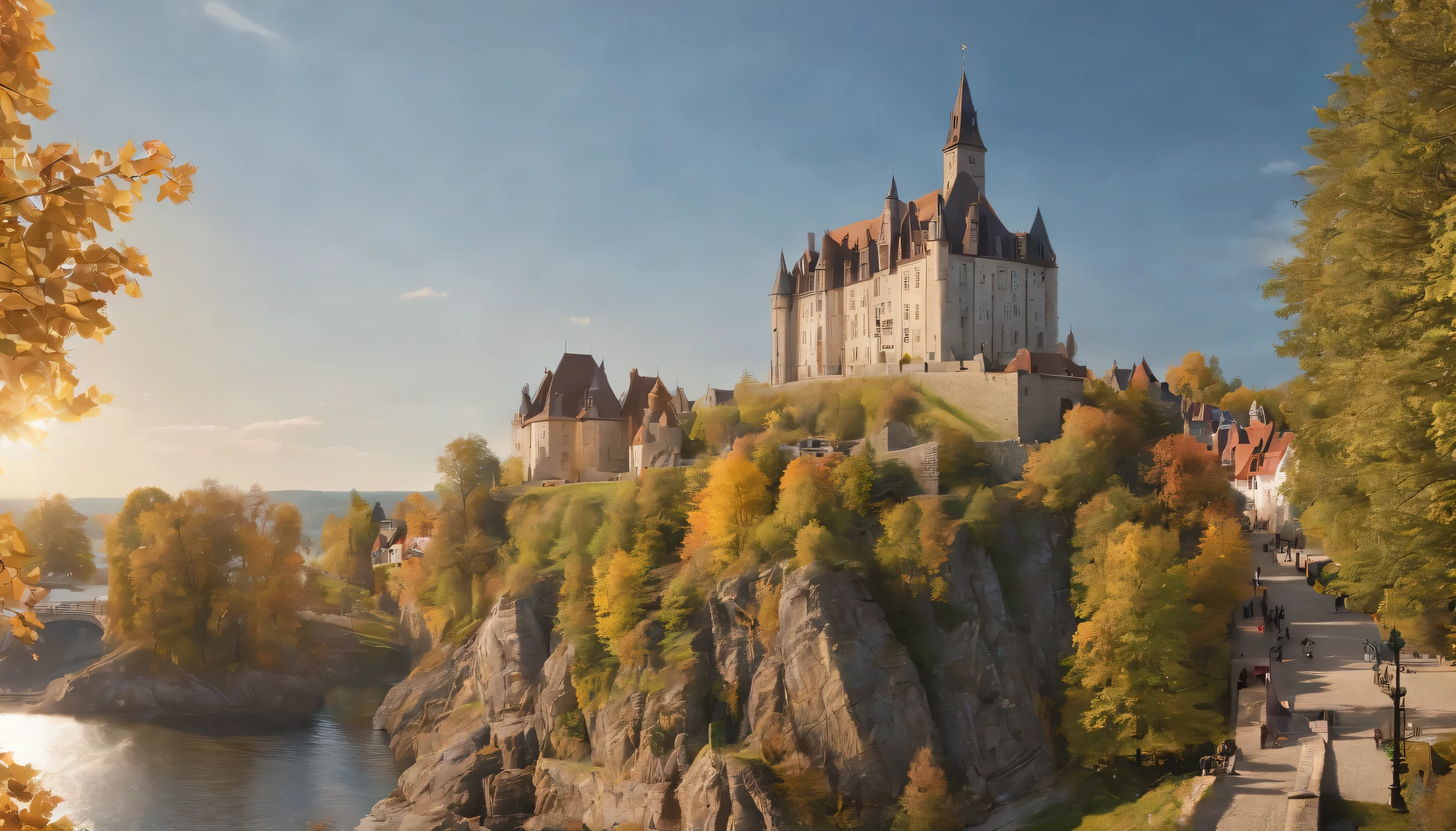 (Highly detailed CG Unity 8k wallpaper、masterpiece、highest quality、Super detailed)、(best lighting、best shadow、very delicate and beautiful)、highest quality、8k、Detailed facial depiction、masterpiece、highest quality、clear image quality、
quebec city&#39;European-style streets and cathedrals. Lawrence river scenery。