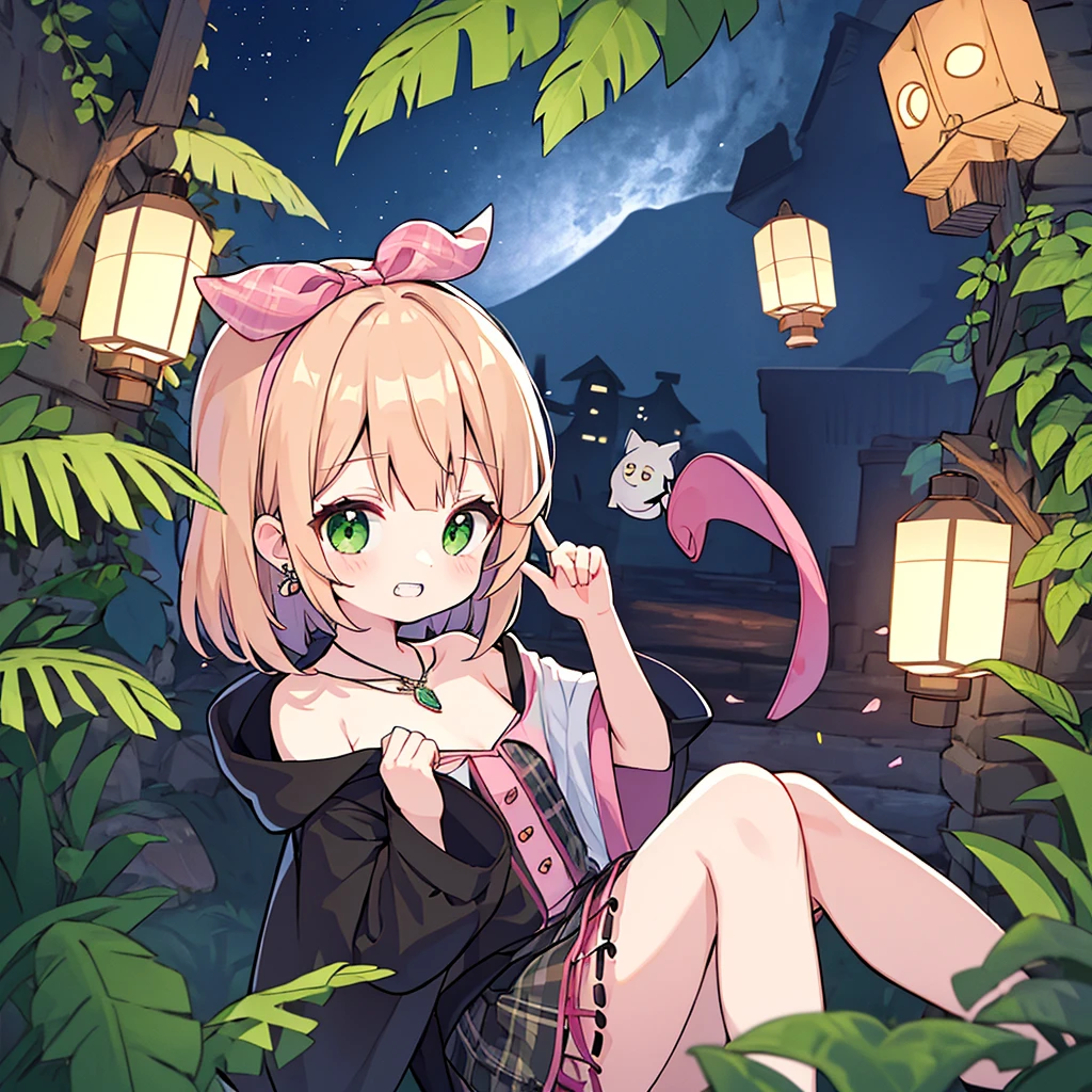 pink blonde、green eyes、one good looking girl、solo、anime、plaid mini skirt、the skirt has buttons、black camisole、black t-shirt、dress、wearing a ribbon、ribbon at waist、cloak、hood、stone slabs are piled up、raising one hand、crystal earrings、monster castle、jewelry necklace、Light and shadow、Hundreds of Ghosts at Night、lantern、sitting、legs crossed、mirror、tunnel、clock、Stuck in the wall、universe、skeletal specimen、fern plants、petal、tilting one&#39;s face、teeth are visible、red carpet、magic