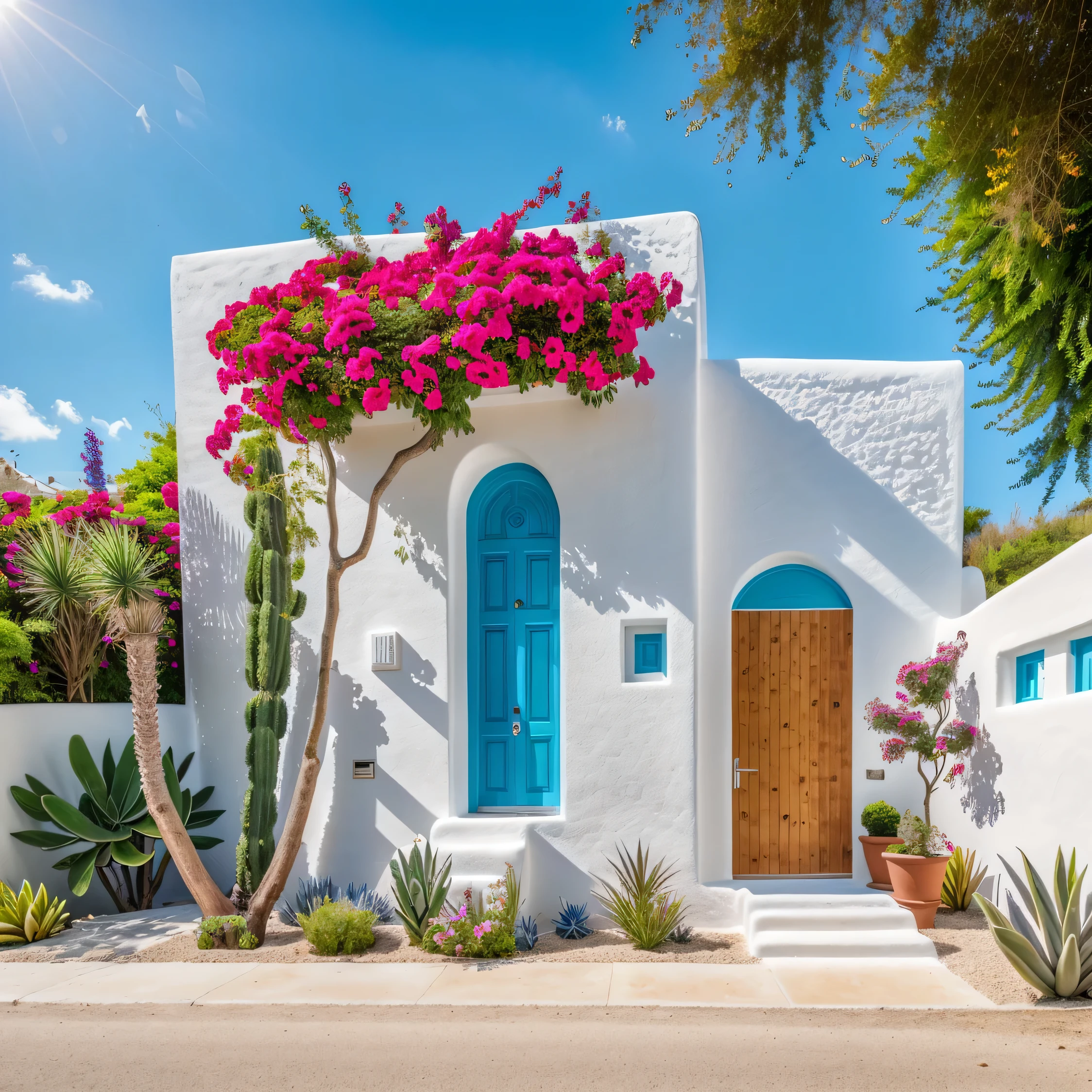 (1 santorini style house, The town house is made from white walls and some walls are painted bright blue)), beautyful light, beautyfulday, sunny, Many red bougainvilleas along the road:1.3, lovely youthful feeling :1.2, sunlight at 12 noon, Very beautiful shadows