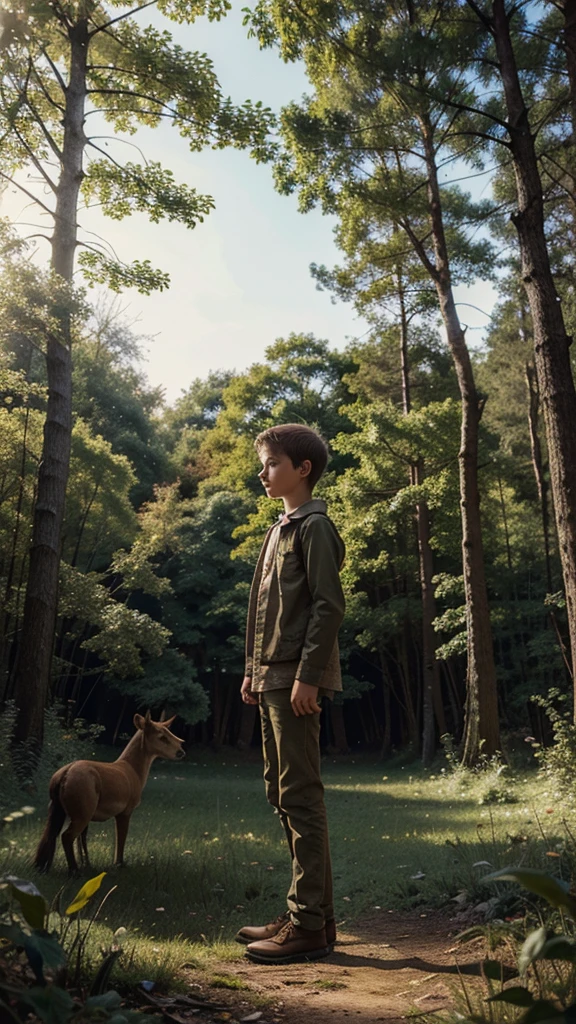 Illustration for a fairy tale, about a boy standing in the forest and able to talk to animals