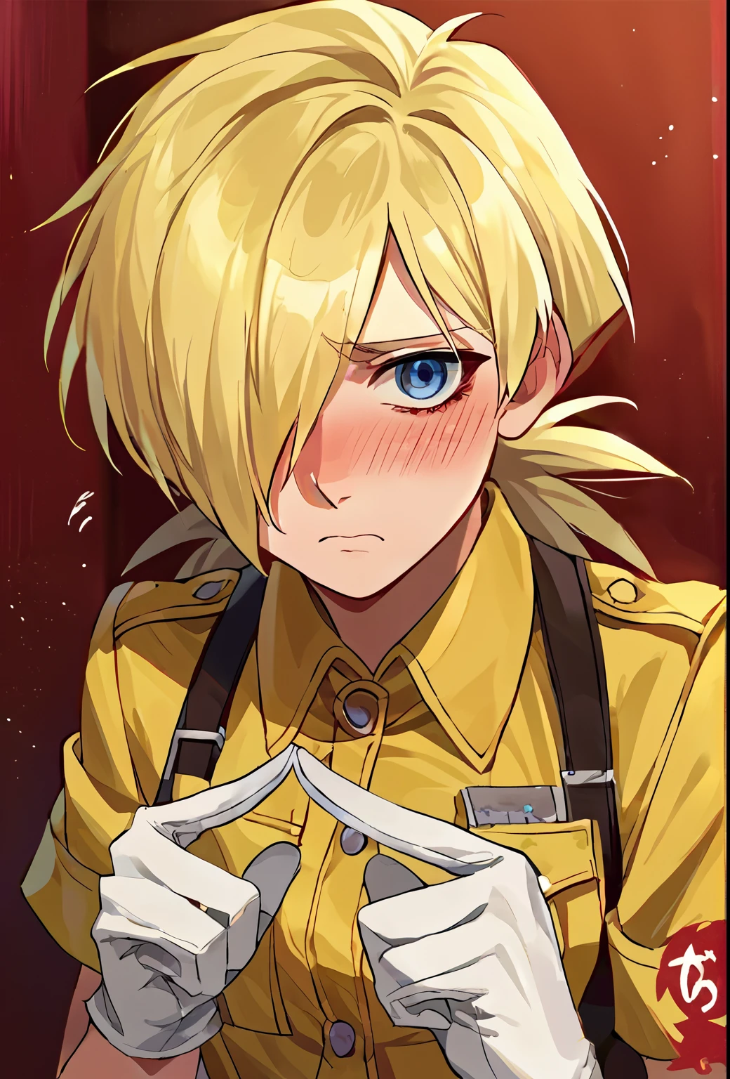 score_9, score_8_up, score_7_up, source_anime, rating_safe, solo, 1girl, seras victoria, hellsing, blush, shy, looking at viewer, index fingers together, blonde hair, hair over one eye, blue eyes, yellow shirt, short sleeves, white gloves 