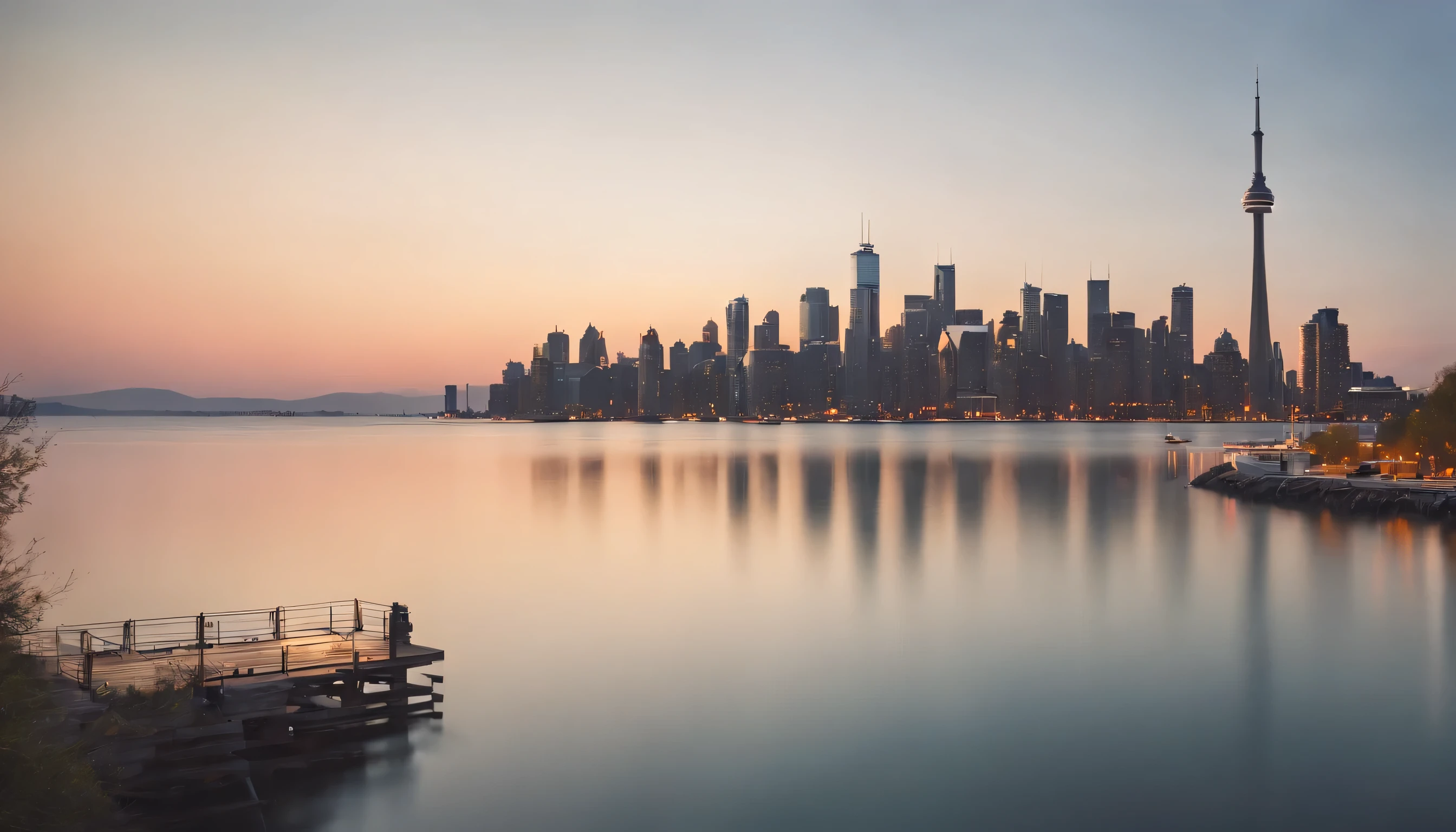 (Highly detailed CG Unity 8k wallpaper、masterpiece、highest quality、Super detailed)、(best lighting、best shadow、very delicate and beautiful)、highest quality、8k、Detailed facial depiction、masterpiece、highest quality、clear image quality、
Toronto skyline and Lake Ontario landscape。