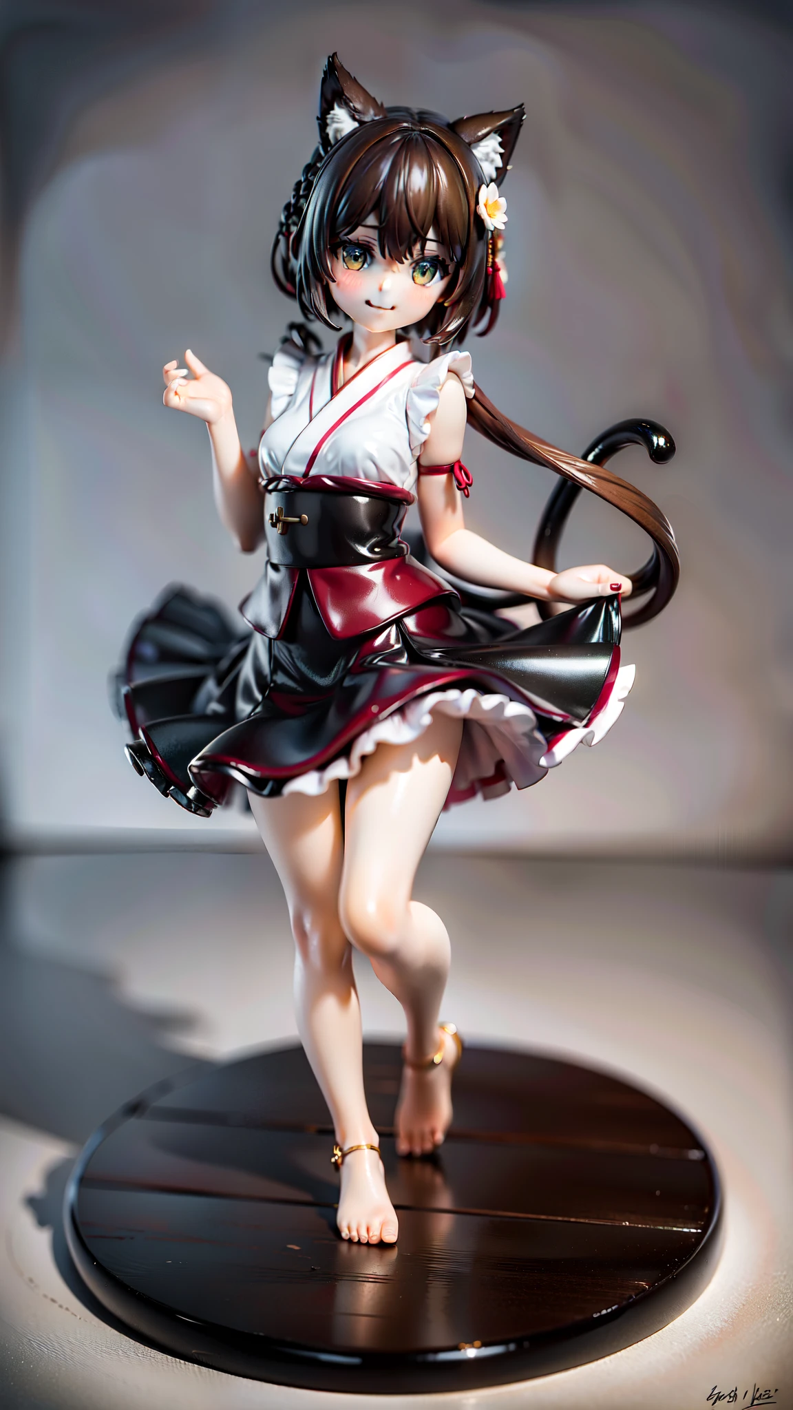 (masterpiece), UHD, depth of field、anatomically correct, bust chart, first-person view, one beautiful Japanese girl, 18 years old,slanted eyes, small breastsidol, Curly short hair, (brown hair),(smile:1.5), (energetic personality),like a shrine maiden costume, sleeveless, frilly miniskirt, frills,white, brown, black,plain background,lineart, monochrome,Details++,cat-like、(I can't see your ears because of your hair:1.5)