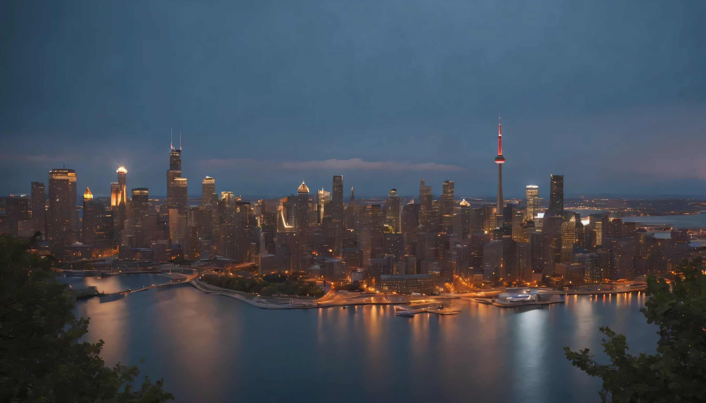 (Highly detailed CG Unity 8k wallpaper、masterpiece、highest quality、Super detailed)、(best lighting、best shadow、very delicate and beautiful)、highest quality、8k、Detailed facial depiction、masterpiece、highest quality、clear image quality、
Toronto skyline and Lake Ontario landscape。