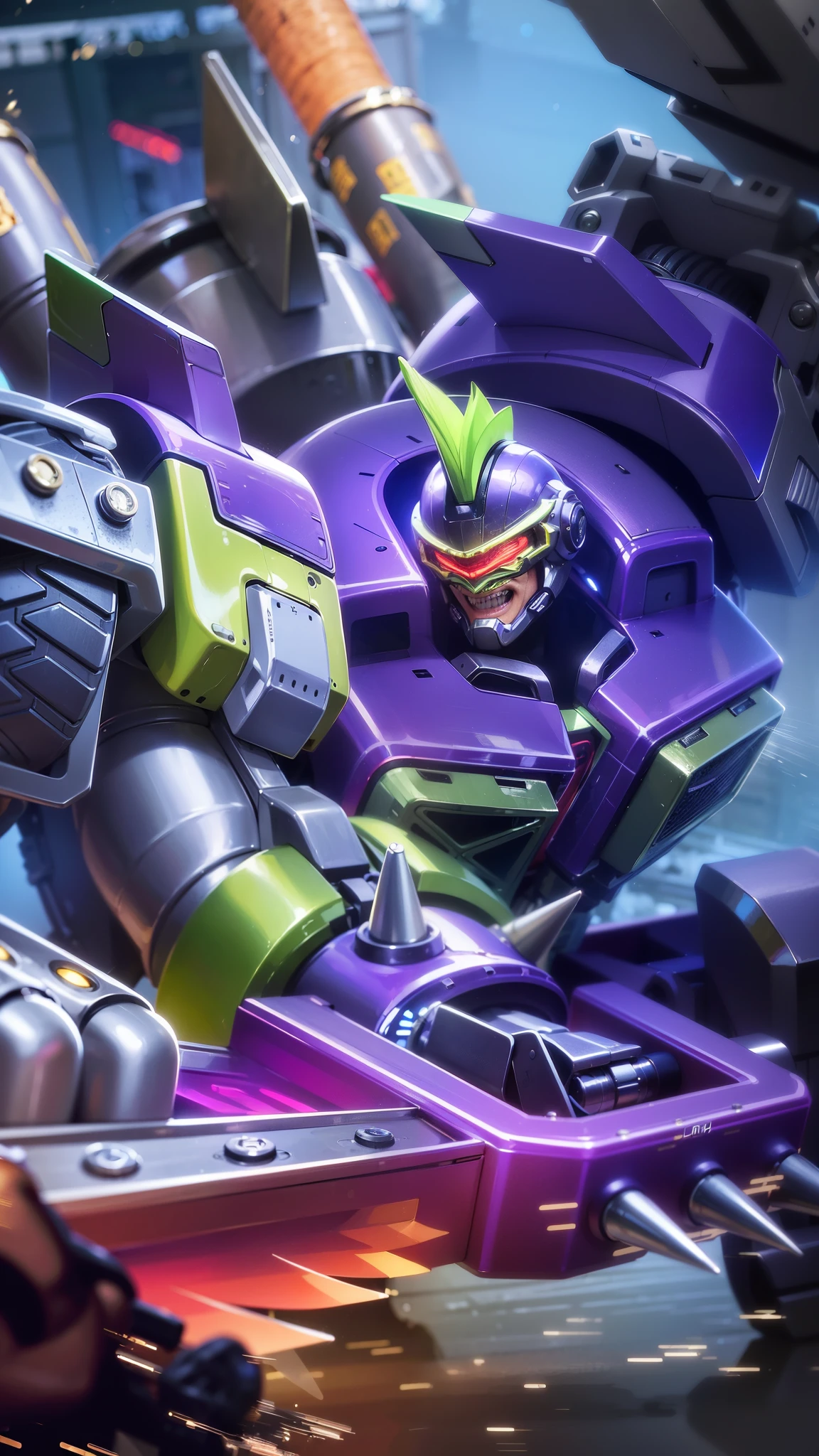 masculine male, masterpiece, best quality, (semirealism:1.9), beautiful lighting, (extremely detailed CG unity 4k fhd wallpaper), High Detail, Sharp focus, dramatic outdoors, a close up of a robot with a helmet on and a sword, futuristic outfit riding a motorcycle, smile.