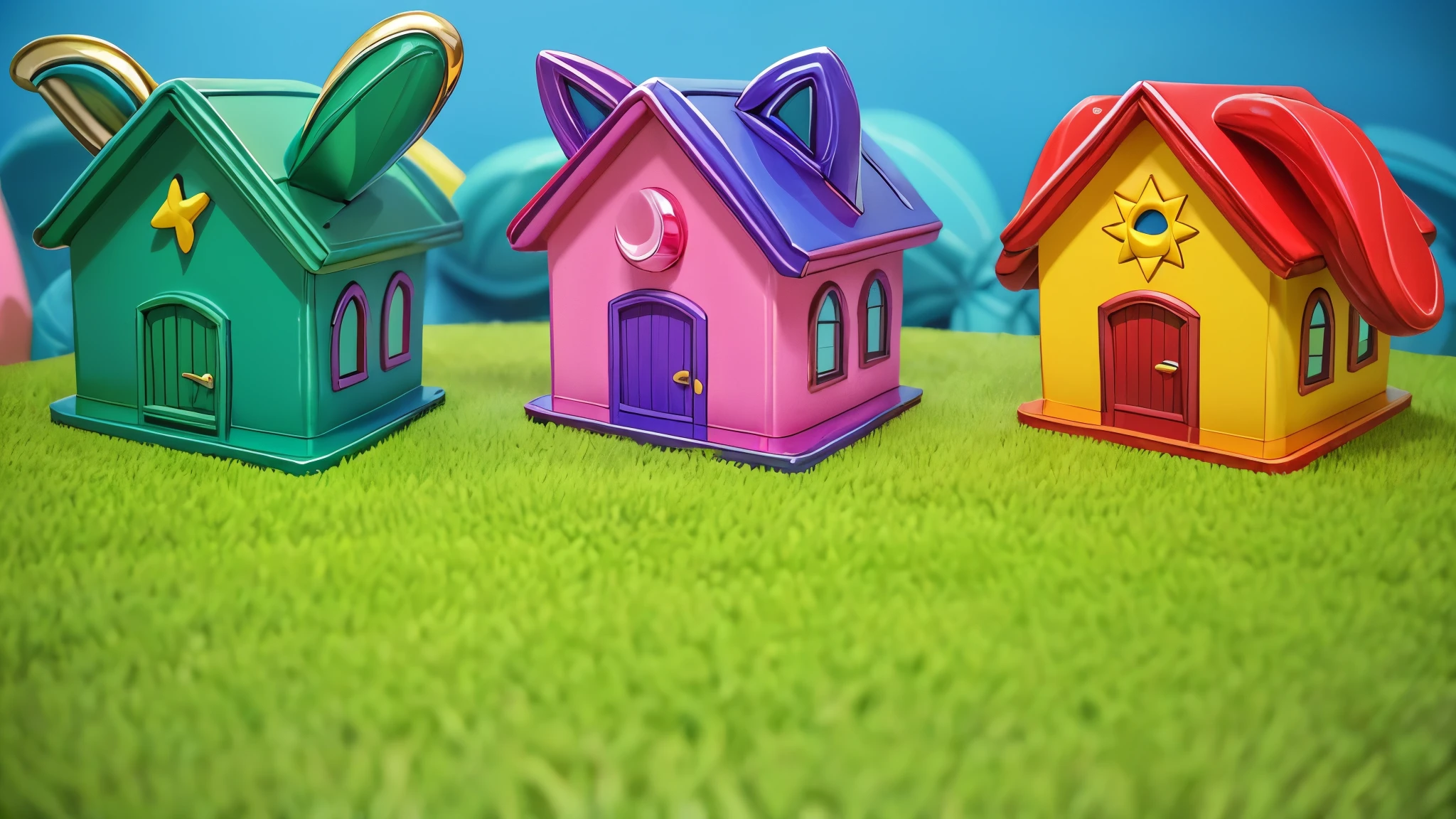 three colorful Houses in a grassy field with a sky background, sunlight and whimsical Houses, Colorful House, colorful robes, house background, in a Candy Land style house, colorful Houses, 3D icon for mobile game, Houses, small Houses, 🐋 as 🐘 as 🤖 as 👽 as 🐳, Brilliant colors, round house and cute character