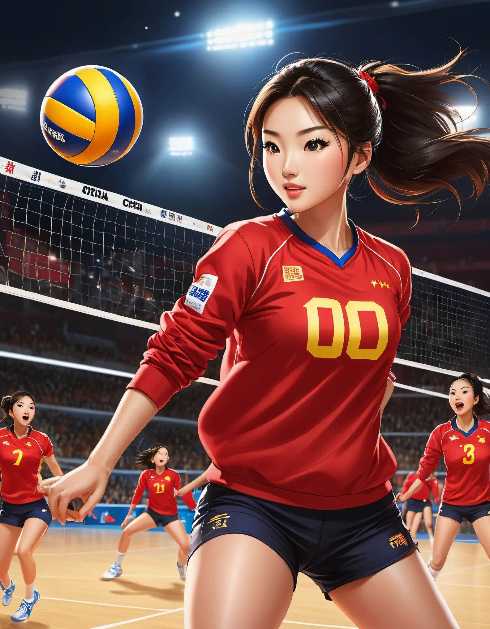 Chinese girl in red blouse is dunking the volleyball vigorously， Looks a lot like Chinese athlete Lang Ping，（sweatshirt with "china" ），Dynamic smash action，A determined expression，Volleyball matches,background：Champion trophy， China poster,animation, Studio Ghibli, Detailed illustrations, official art, Kavasi style, 32k，night, HD wallpapers，Selective focusing, Documentary style,