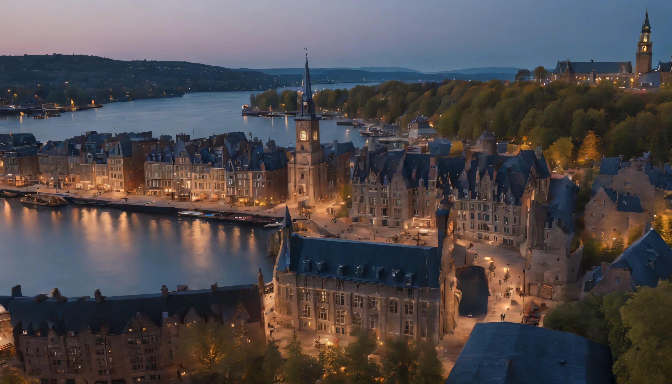(Highly detailed CG Unity 8k wallpaper、masterpiece、highest quality、Super detailed)、(best lighting、best shadow、very delicate and beautiful)、highest quality、8k、Detailed facial depiction、masterpiece、highest quality、clear image quality、
view of montreal&#39;s old port and st.. lawrence river。