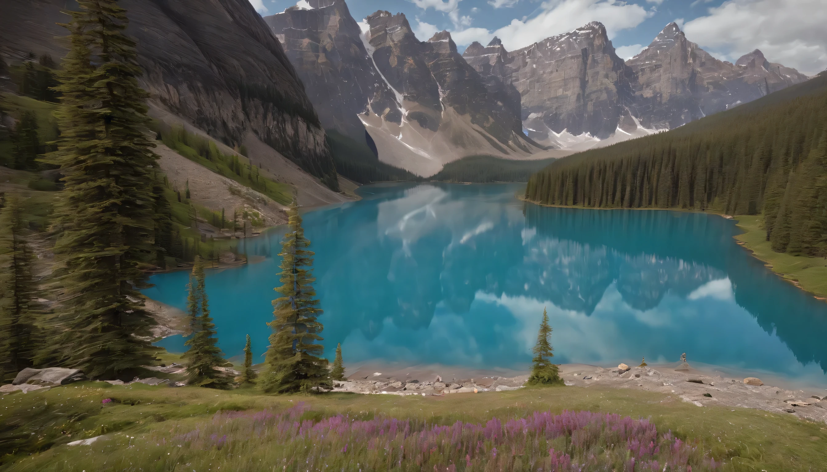 (Highly detailed CG Unity 8k wallpaper、masterpiece、highest quality、Super detailed)、(best lighting、best shadow、very delicate and beautiful)、highest quality、8k、Detailed facial depiction、masterpiece、highest quality、clear image quality、
moraine lake landscape in the rocky mountains。