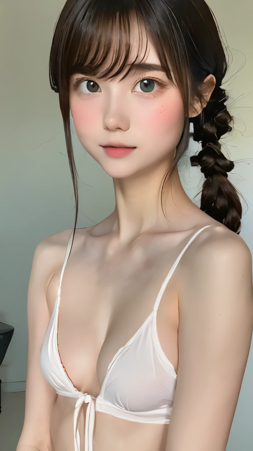 High resolution, High level image quality, high detail,, anatomically correct, sharp, gray background、((Japanese)), alone,skin as white as snow,Fair skin、plump lips、very cute、(((small breasts、small breasts)))、An ennui look、 well-shaped chest, mesh brown hair、twin tails:1.3、short hairのtwin tails:1.1、short hair、Stylish black dress:1.3、(((stand upright, facing the center of the screen.))) ((upper body angle))、RAW photo、highest quality、super resolution、best image quality、masterpiece、8K