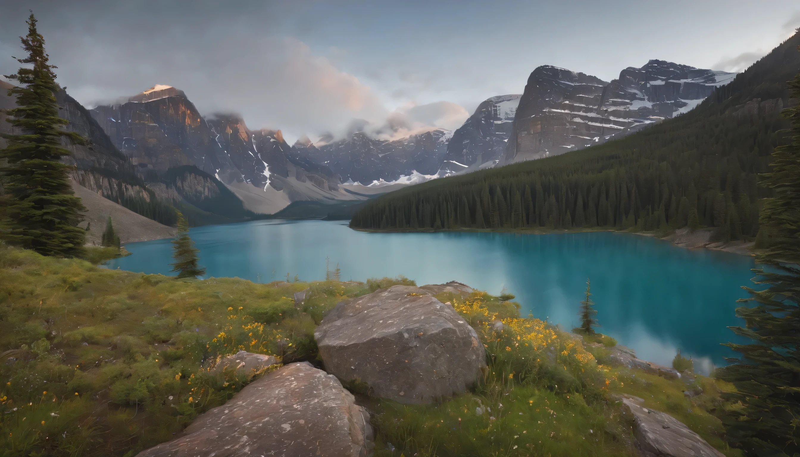 (Highly detailed CG Unity 8k wallpaper、masterpiece、highest quality、Super detailed)、(best lighting、best shadow、very delicate and beautiful)、highest quality、8k、Detailed facial depiction、masterpiece、highest quality、clear image quality、
moraine lake landscape in the rocky mountains。