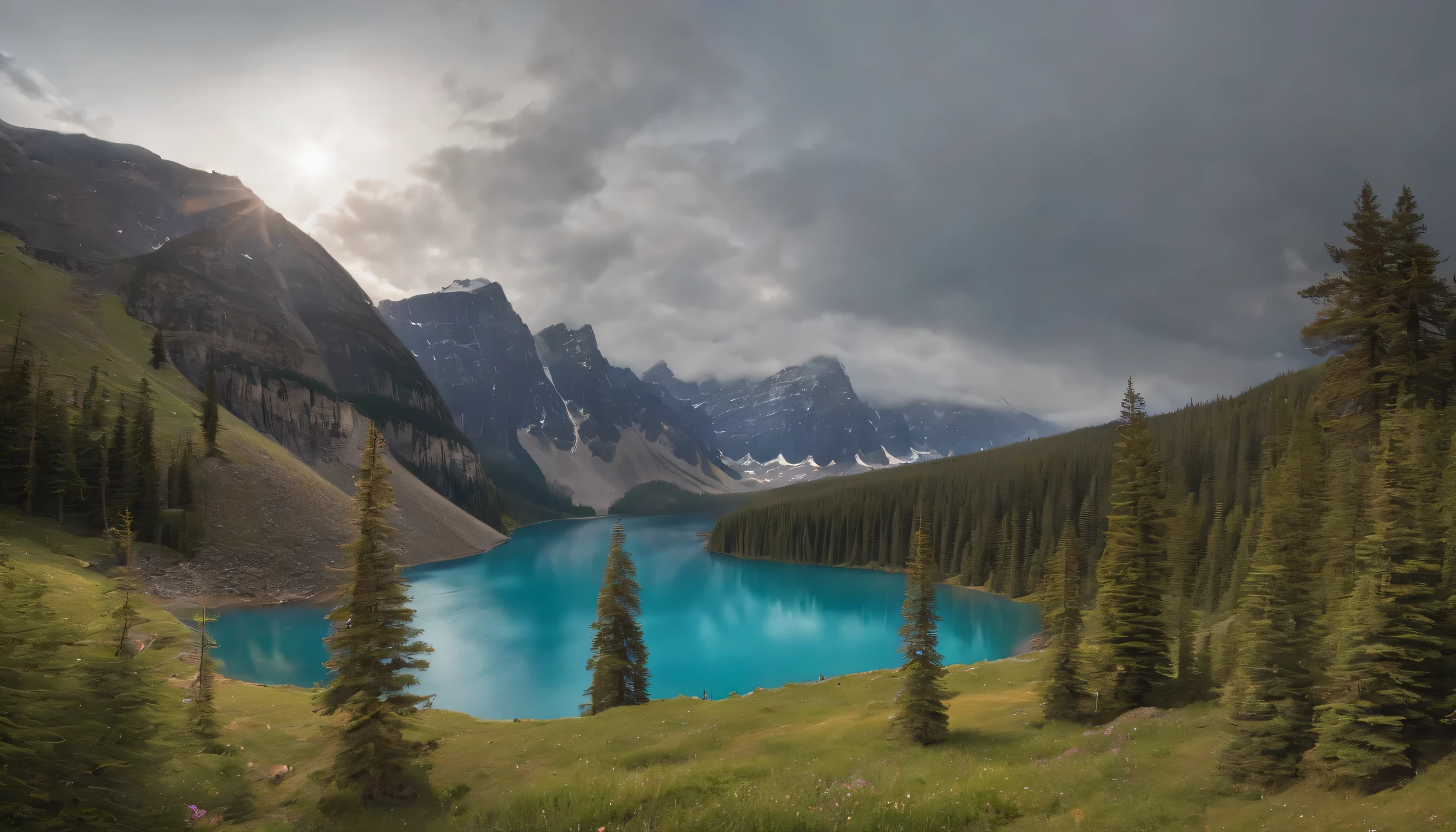 (Highly detailed CG Unity 8k wallpaper、masterpiece、highest quality、Super detailed)、(best lighting、best shadow、very delicate and beautiful)、highest quality、8k、Detailed facial depiction、masterpiece、highest quality、clear image quality、
moraine lake landscape in the rocky mountains。