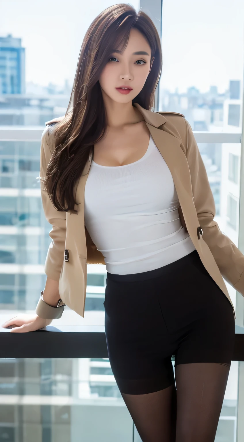 ((best quality, 8k, masterpiece :1.3)), whole body, sharp focus :1.2, beautiful woman，Perfect body :1.4, Slim abs :1.2, ((Dark brown hair, big breasts :1.2)), tights :1.1, (city night view, modern balcony :1.1), Highly detailed face and skin textures, exquisite eyes, double eyelids, small bust, OL, office Wear, White T-shirt, Naked trench coat, (black pantyhose), (No), Interior scene, office