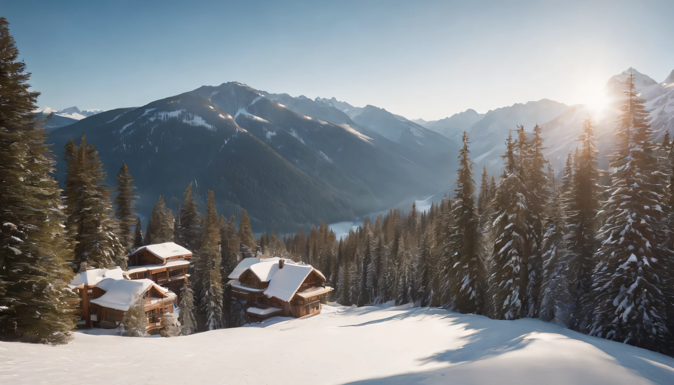 (Highly detailed CG Unity 8k wallpaper、masterpiece、highest quality、Super detailed)、(best lighting、best shadow、very delicate and beautiful)、highest quality、8k、Detailed facial depiction、masterpiece、highest quality、clear image quality、
Whistler ski resort scenery, British Columbia。