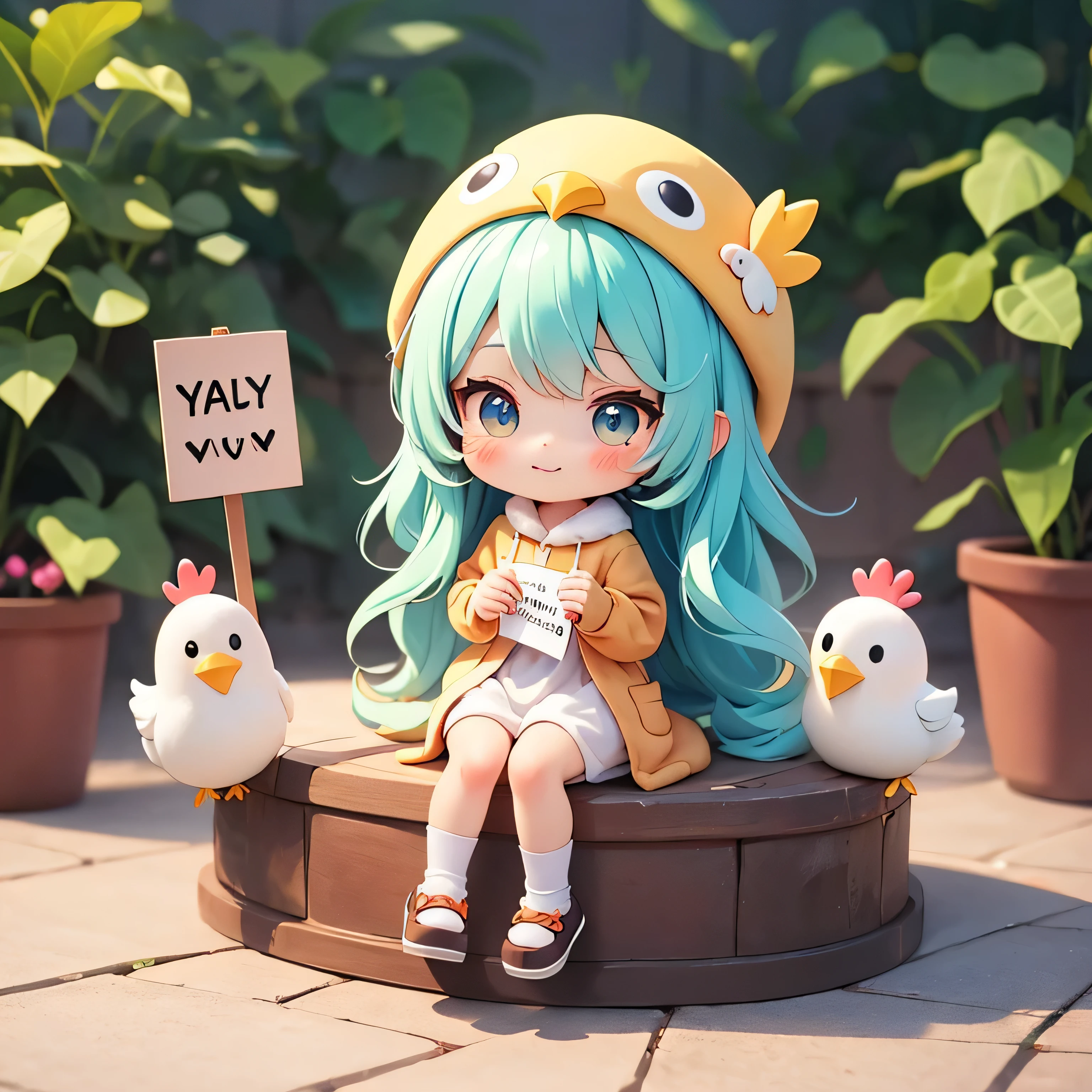 cartoon girl in a chicken costume with a hat and a hand, cute kawaii girl, kawaii chibi, cute art style, cute cartoon character happy very hard, cute character is sitting, holding a sign happy,   kawaii cutest sticker ever, cute digital art, chibi girl, cute anime style, cute detailed digital art, anime chibi, cute anime girl, chibi anime girl, ruan cute vtuber, sticker illustration