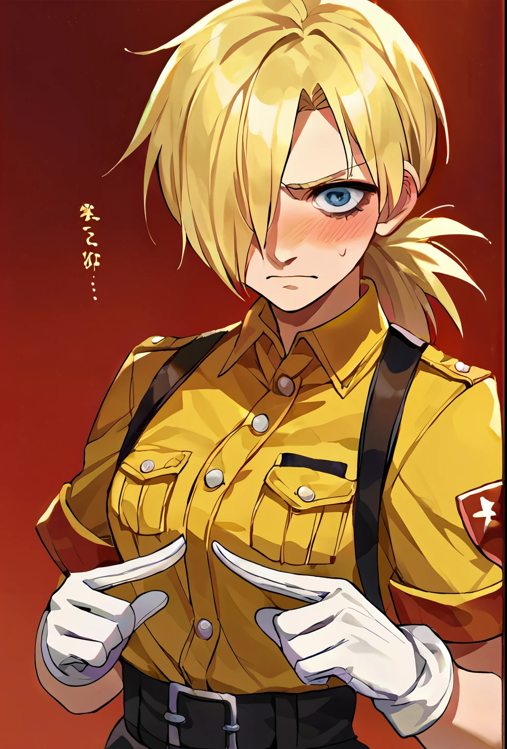 score_9, score_8_up, score_7_up, source_anime, rating_safe, solo, 1girl, seras victoria, hellsing, blush, shy, looking at viewer, index fingers together, blonde hair, hair over one eye, blue eyes, yellow shirt, short sleeves, white gloves 