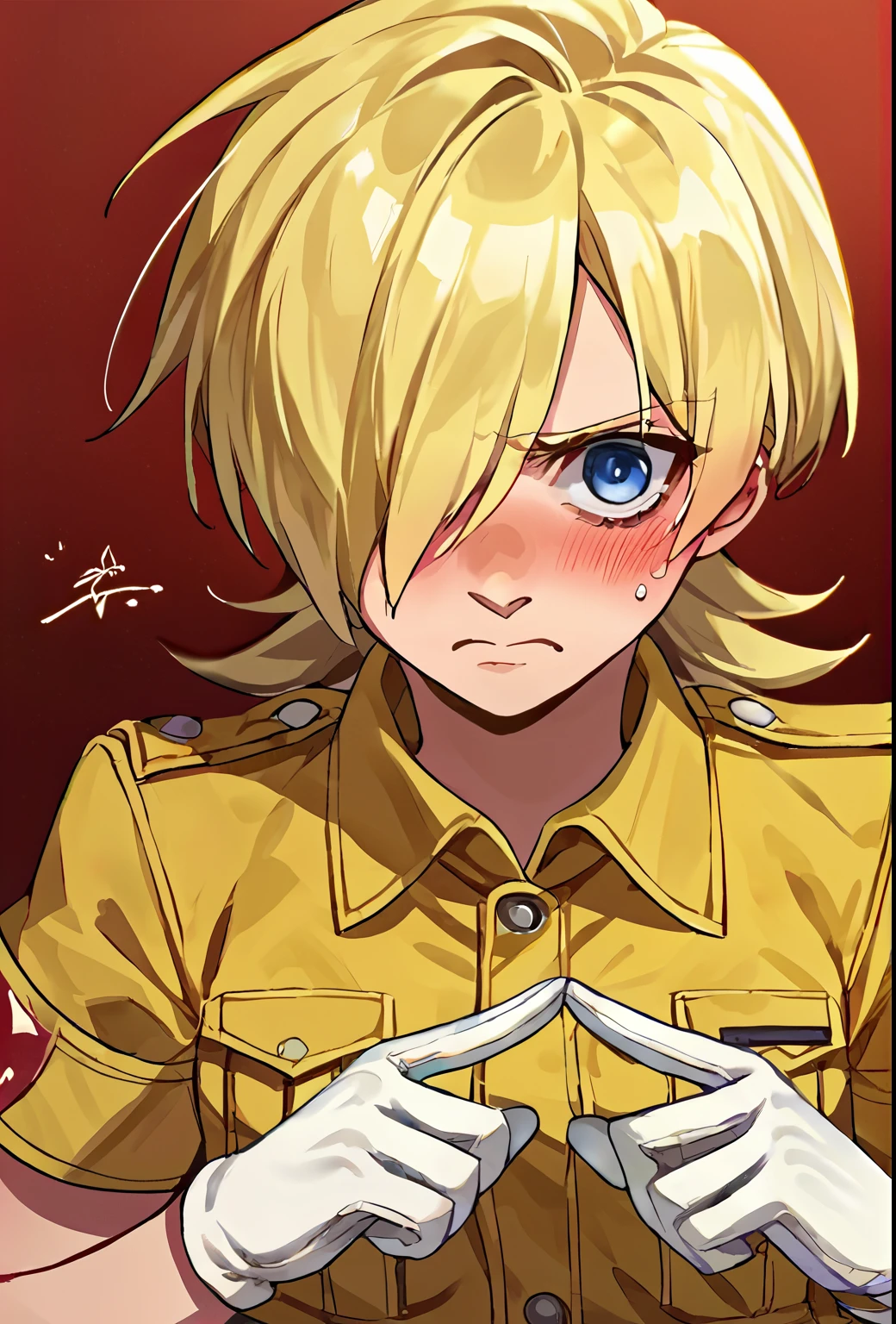 score_9, score_8_up, score_7_up, source_anime, rating_safe, solo, 1girl, seras victoria, hellsing, blush, shy, looking at viewer, index fingers together, blonde hair, hair over one eye, blue eyes, yellow shirt, short sleeves, white gloves 