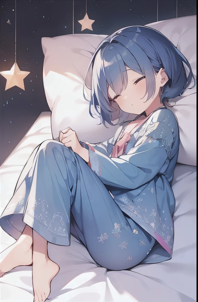 Star background、In pajamas、blue hair is sleeping