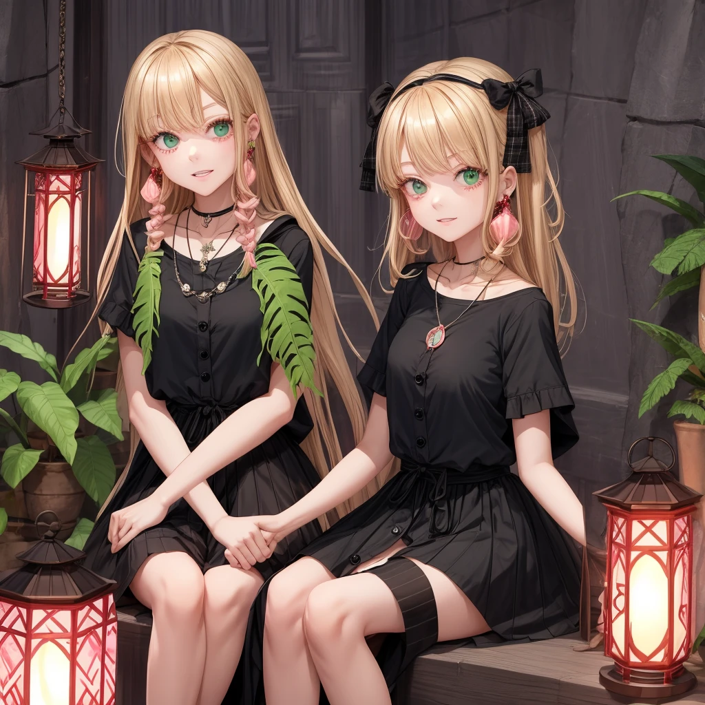 pink blonde、green eyes、one good looking girl、solo、anime、plaid mini skirt、the skirt has buttons、black camisole、black t-shirt、dress、wearing a ribbon、ribbon at waist、cloak、hood、stone slabs are piled up、raising one hand、crystal earrings、monster castle、jewelry necklace、Light and shadow、Hundreds of Ghosts at Night、lantern、sitting、legs crossed、mirror、tunnel、clock、Stuck in the wall、universe、skeletal specimen、fern plants、petal、tilting one's face、teeth are visible、red carpet、magic