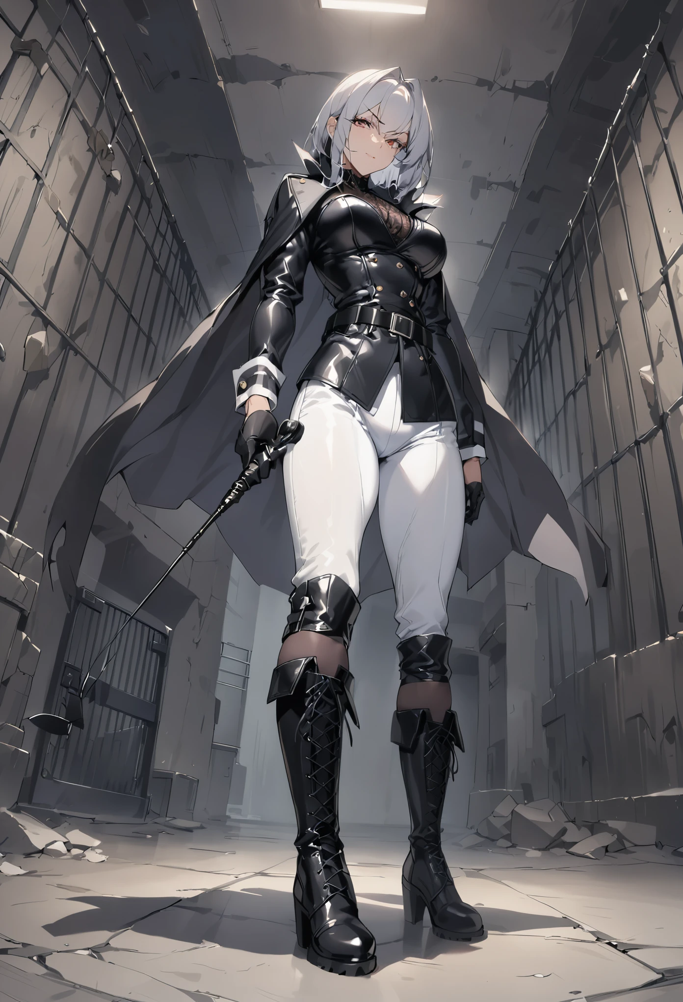 Mature female, ((solo)),(1girl),standing, full body, authority, leather outfit, dominant, (muscular:0.5), long sleeves, black gloves, double-breasted, (black knee-high combat boots:1.4), (white pants:1.2), slim, devious, seductive, evil, confident,belt, cape, standing, dungeon, bedroom, military uniform, looking at viewer, from below,clean floor,modern prison,guard,warden,queen,commander, (smirk:0.33),(holding riding crop:1.3),(looking at viewer),dominatrix