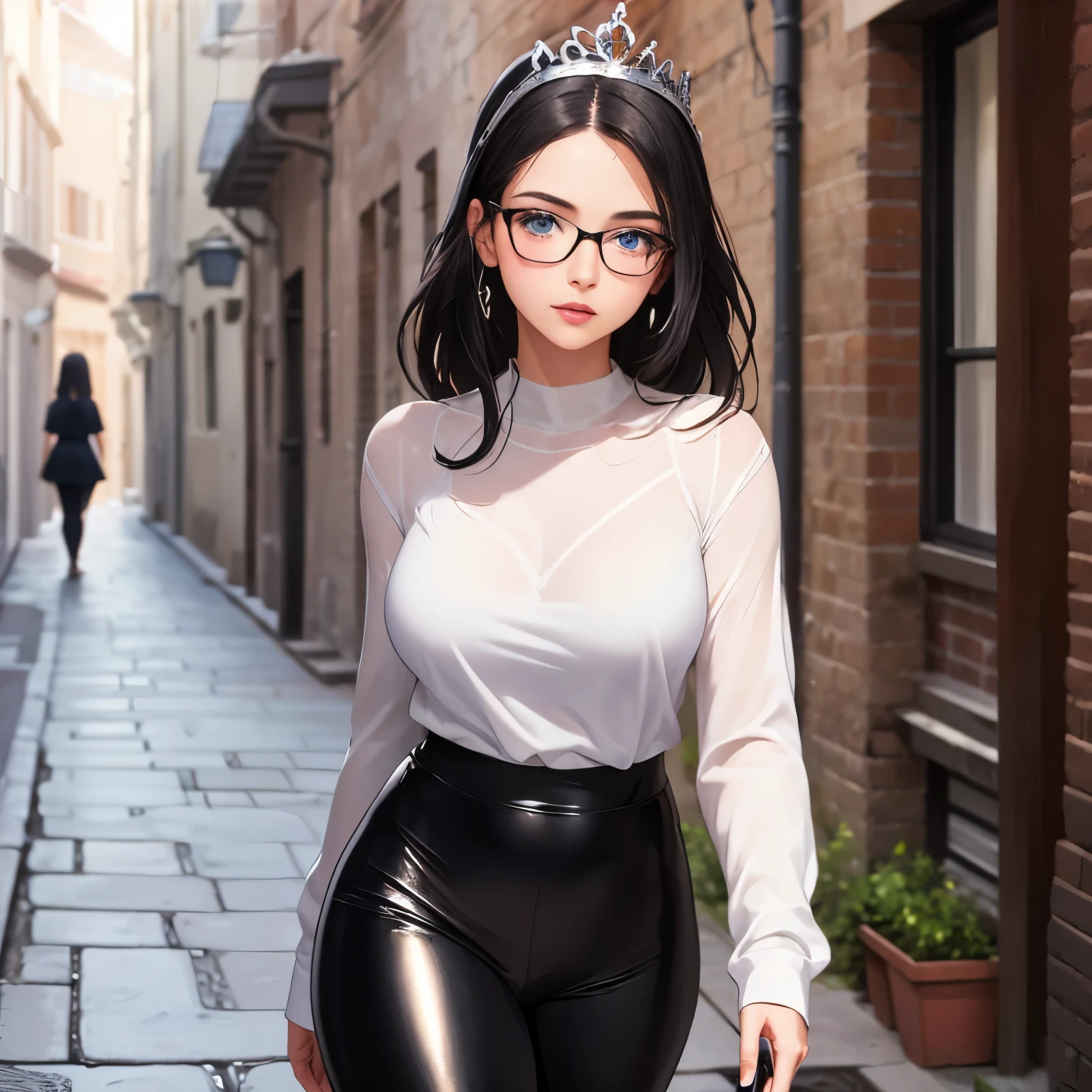 ((best quality)), ((masterpiece)), (detailed), perfect face a beautiful white-toned girl with black and silver hair wearing glasses and tight black clothes, blue eyes, glossy skin. detailed skin, pink lips  with a spear in hand a tiara on her head, full body walking through an royal alley