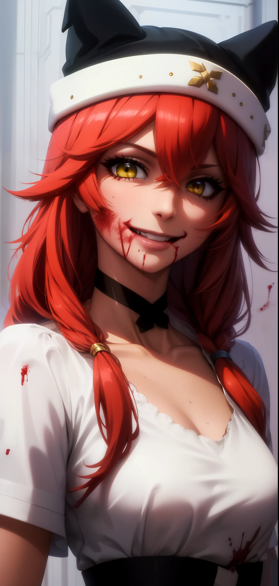 masterpiece, best quality, high quality, highres, absurdres, BETA, 1girl, solo, smile, animal hat, collarbone, portrait, black choker, upper body, ((evil, bloody, blood, sadistic, upper body, 
Medium breasts))