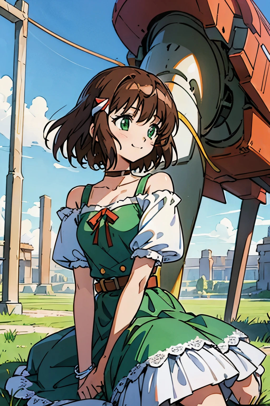 shoko sashinami, valvrave, 1 girl, brown hair, green eyes, fantasy world, ruins, folk, beautiful sky, shining sky, sunshine, smiling, belt, ribbon choker, black choker, ribbon, wind blowing dress, lace dress, black camisole and white sweater, off-shoulder sleeves, sit on the ground