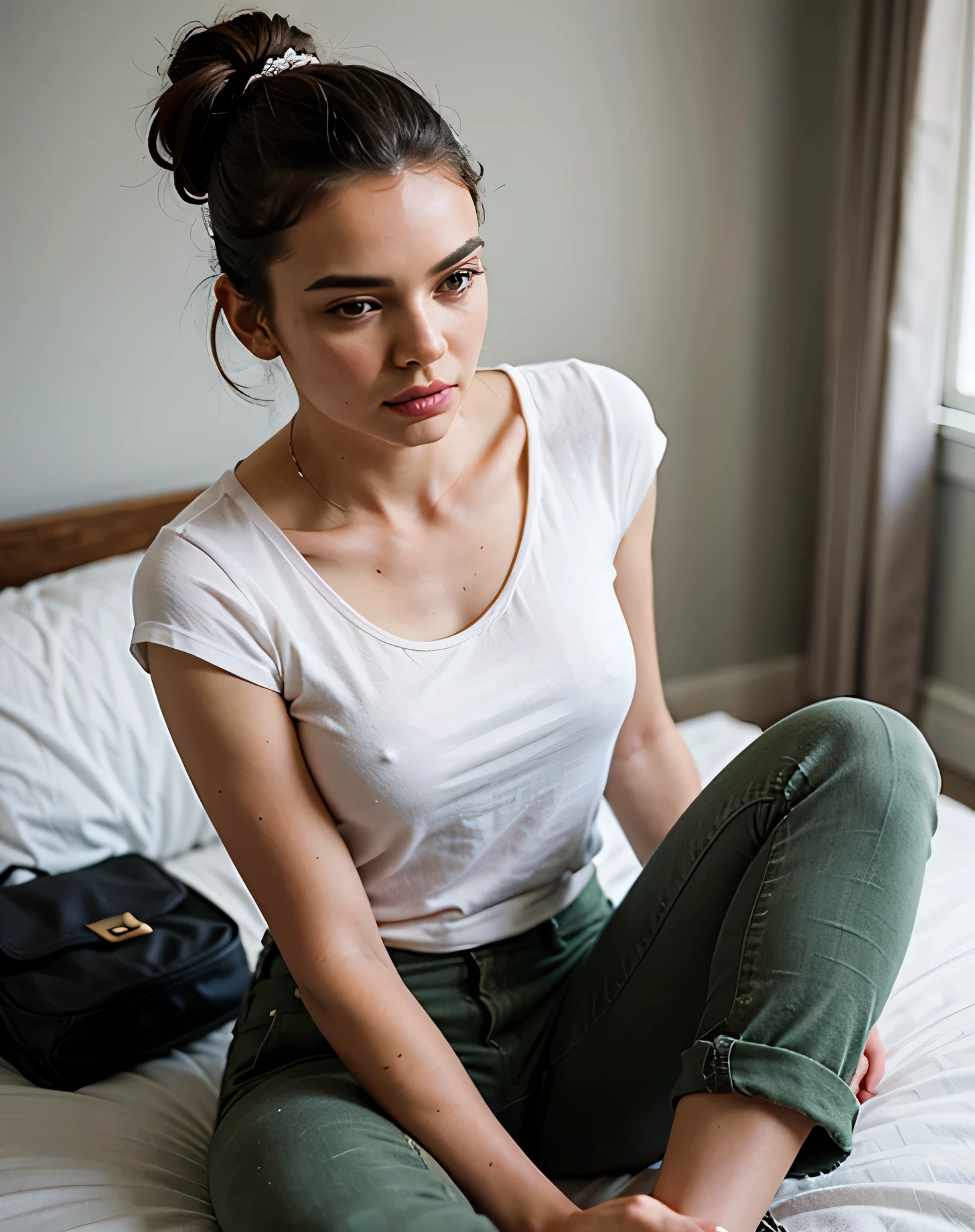 a close up of a woman in white top and green pants sitting on bed, kendall jenner, portrait sophie mudd, with dark hair tied up in a bun, topknot, slicked black hair, slicked-back hair, portrait emily ratajkowski, dua lipa, 18 years old, emily ratajkowski, girl with messy bun hairstyle, 8 1 5