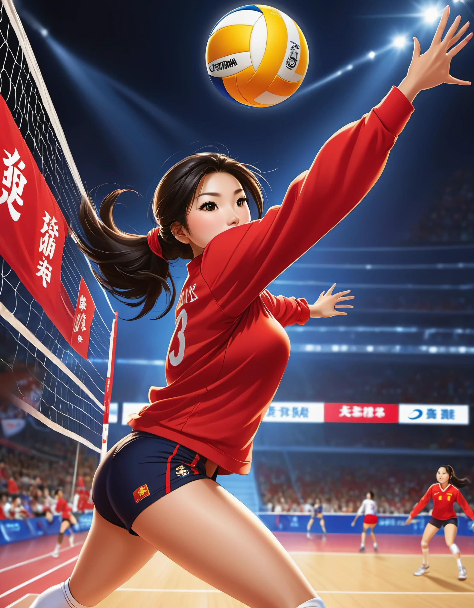 Chinese girl in red blouse is dunking the volleyball vigorously, Looks a lot like Chinese athlete Lang Ping,(sweatshirt with "china" :0.5),Dynamic smash action,A determined expression,Volleyball matches,background:Champion trophy, China poster,animation, Studio Ghibli, Detailed illustrations, official art, Kavasi style, 32k,night, HD wallpapers,Selective focusing, Documentary style,