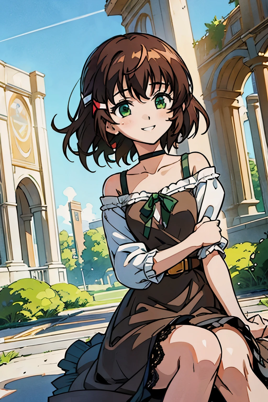 shoko sashinami, valvrave, 1 girl, brown hair, green eyes, fantasy world, ruins, folk, beautiful sky, shining sky, sunshine, smiling, belt, ribbon choker, black choker, ribbon, wind blowing dress, lace dress, black camisole and white sweater, off-shoulder sleeves, sit on the ground