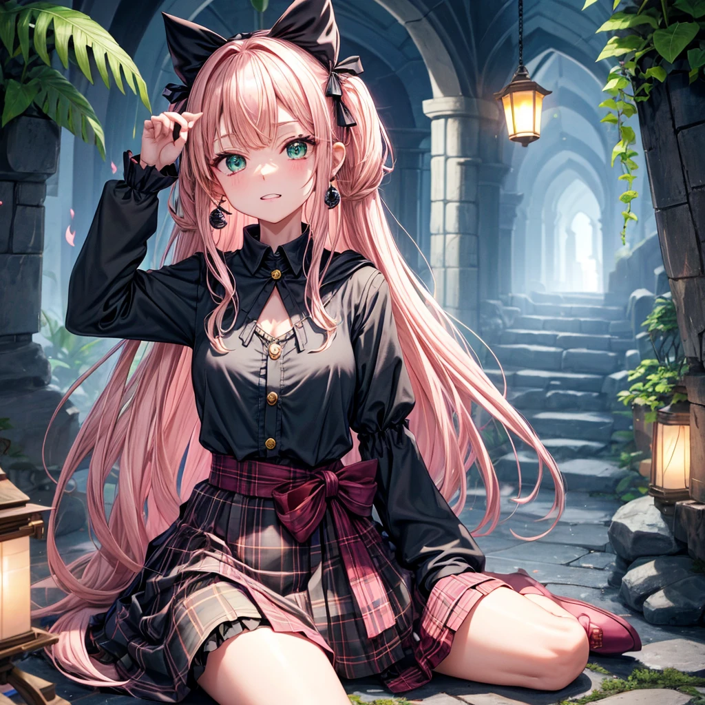 pink blonde、green eyes、one good looking girl、solo、anime、plaid mini skirt、the skirt has buttons、black camisole、black t-shirt、dress、wearing a ribbon、ribbon at waist、cloak、hood、stone slabs are piled up、raising one hand、crystal earrings、monster castle、jewelry necklace、Light and shadow、Hundreds of Ghosts at Night、lantern、sitting、legs crossed、mirror、tunnel、clock、Stuck in the wall、universe、skeletal specimen、fern plants、petal、tilting one&#39;s face、teeth are visible、red carpet、magic