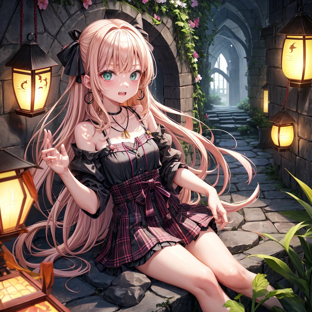pink blonde、green eyes、one good looking girl、solo、anime、plaid mini skirt、the skirt has buttons、black camisole、black t-shirt、dress、wearing a ribbon、ribbon at waist、cloak、hood、stone slabs are piled up、raising one hand、crystal earrings、monster castle、jewelry necklace、Light and shadow、Hundreds of Ghosts at Night、lantern、sitting、legs crossed、mirror、tunnel、clock、Stuck in the wall、universe、skeletal specimen、fern plants、petal、tilting one's face、teeth are visible、red carpet、magic