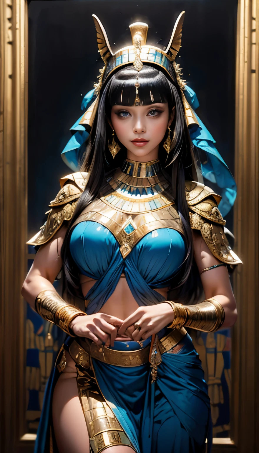 ((Frank Frazetta oil painting)),beautiful Queen Cleopatra Egyptian woman, Beautiful black eyes、smiling Egyptian woman, (Glossy Egyptian ornaments, perfect body:1.4,(top-quality、8K、32K、​masterpiece)、超A high resolution, ((traditional Egyptian bangs and fringe hairstyle)), black hair with heavy bangs on the forehead, (cowboy shot), depth of field, cinematic lighting effect、muscular body, caramel skin shiny with oil and sweat, ((Egyptian sorceress)), ((wearing insanely detailed blue and gold ancient Egyptian sorceress outfit)), ((ornate blue and gold Egyptian headdress)), interior of ancient Egyptian palace, NSFW