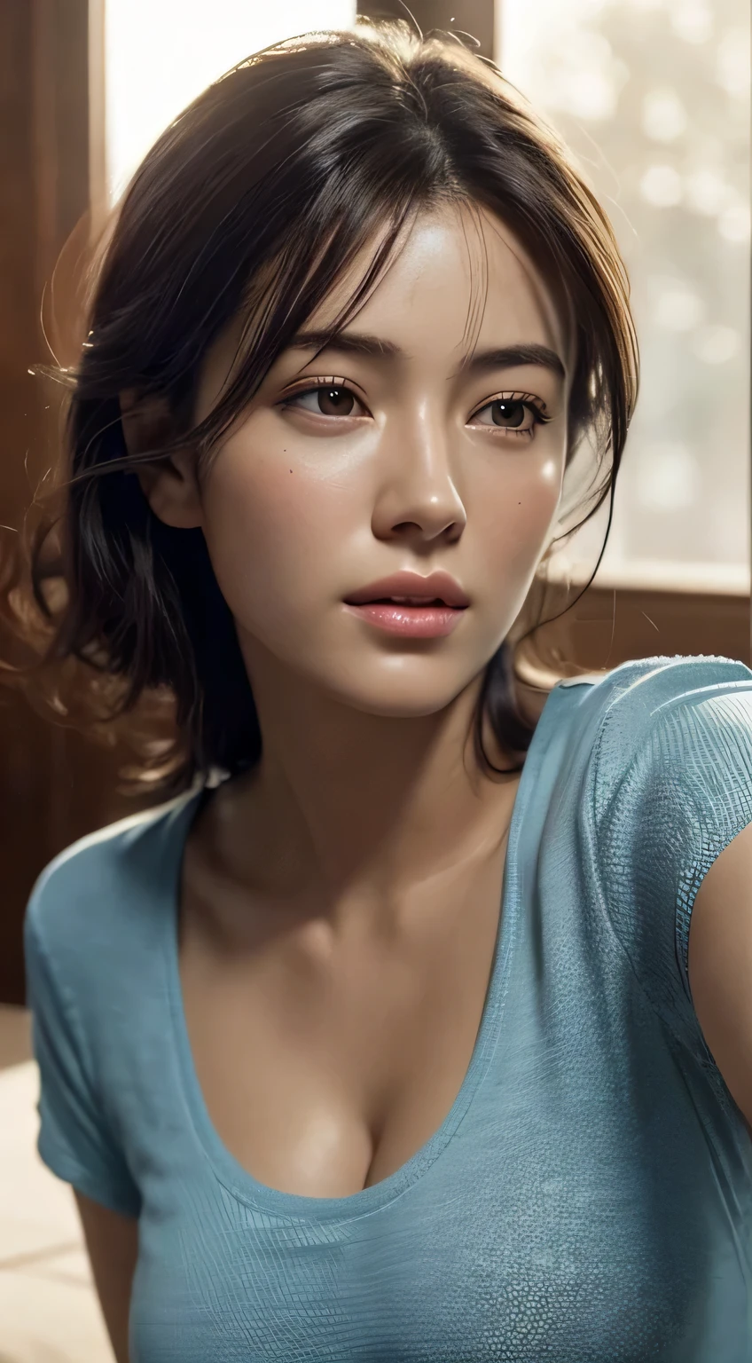 dressed, (photo realistic:1.4), (hyper realistic:1.4), (realistic:1.3),
(smoother lighting:1.05), (increase cinematic lighting quality:0.9), 32K,
1girl,20yo girl, realistic lighting, backlighting, light on face, ray trace, (brightening light:1.2), (Increase quality:1.4),
(best quality real texture skin:1.4), finely detailed eyes, finely detailed face, finely quality eyes,
(tired and sleepy and satisfied:0.0), face closeup, t-shirts,
(Increase body line mood:1.1), (Increase skin texture beauty:1.1),upper body