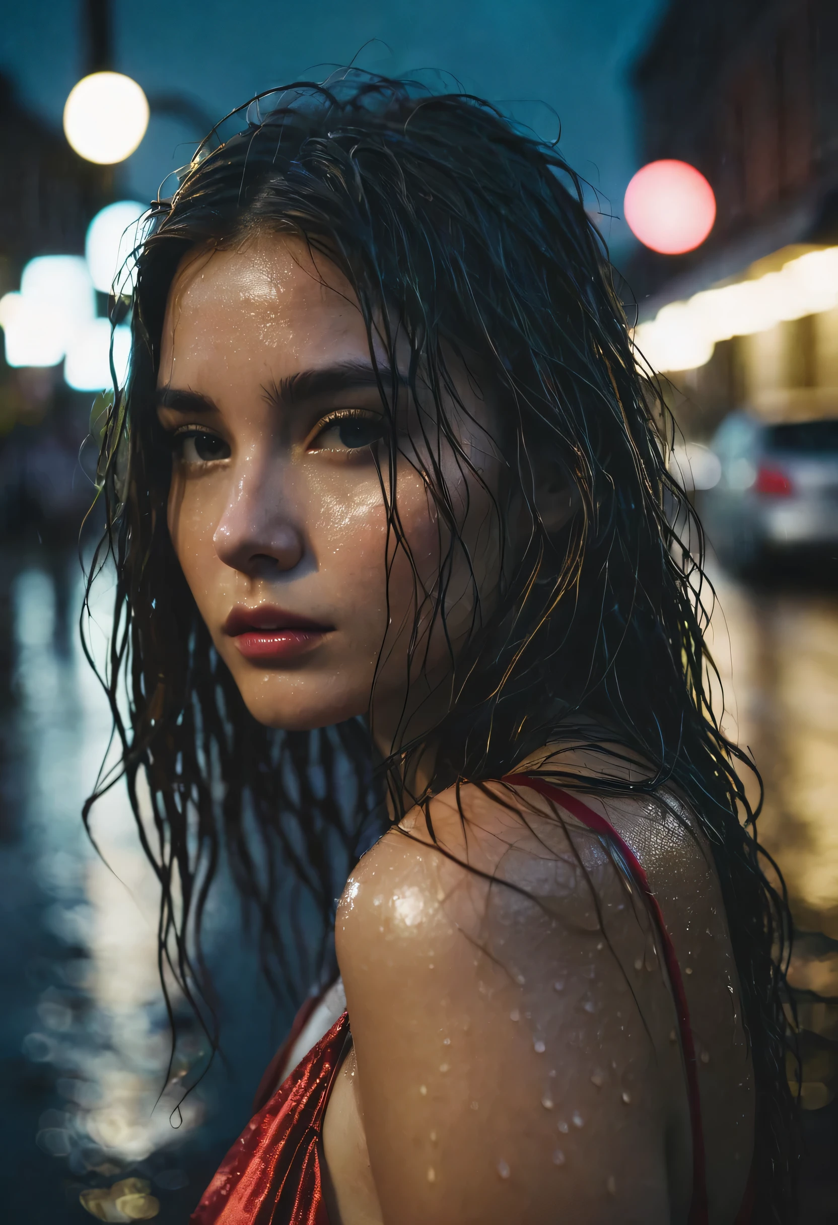 1girl,solo,long hair,Rough skin,from back,face focus,(looking at viewer:1.2),wet hair,dark,polaroid,(depth_of_field:1.5),rainy days,outdoors,street,hair between eyes,moody lighting,Tyndall effect,Cinematic Lighting,night,lamppost,lens flare,available light,rim light,glowing neon lights,curvy,Red silk dress,