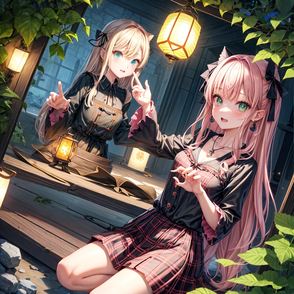 pink blonde、green eyes、one good looking girl、solo、anime、plaid mini skirt、the skirt has buttons、black camisole、black t-shirt、dress、wearing a ribbon、ribbon at waist、cloak、hood、stone slabs are piled up、raising one hand、crystal earrings、monster castle、jewelry necklace、Light and shadow、Hundreds of Ghosts at Night、lantern、sitting、legs crossed、mirror、tunnel、clock、Stuck in the wall、universe、skeletal specimen、fern plants、petal、tilting one's face、teeth are visible、red carpet、magic、Bento