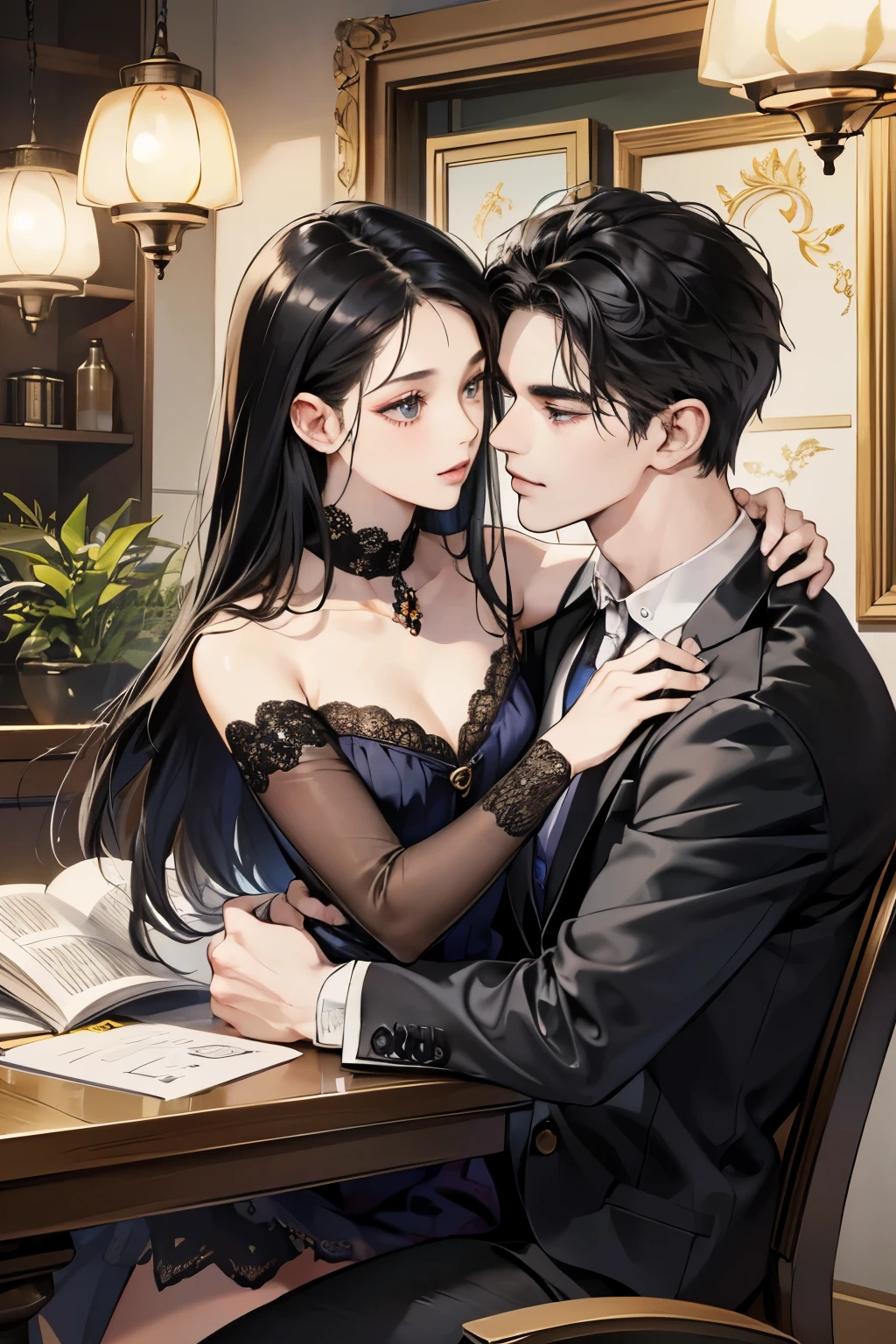 (table top, digital art, digital illustration, 4k, 8k, Super detailed, beautiful images, clear image, realistic, RAW photo, perfect face, perfect lines, perfect eyes, soft lighting) 1 female, (long black hair,straight hair,bullish look,Beautiful woman,suit,solid makeup,small breasts、23 year old female,:1.3),secretary, suitを着たハンサムな男性 2 人, (human,suitを着た男,muscular,solid shoulder width, human,boyish hairstyle,british gentleman&#39;s style,A man in his 30s with a cool expression,28 year old man with a bright smile:1.2),night office scene,antique furniture,antique clamp,antique chair,chandelier,party、couple、coupleキス、romance、romanceポルノ、look at each other、hug each other