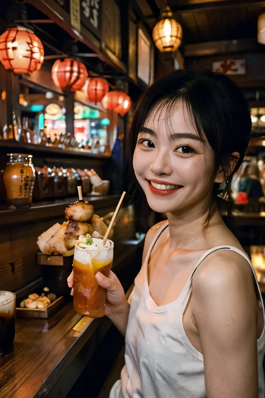1 girl, Idol, close, clavicle, ,, Eating yakitori、inside the pub、smile、photograph, movie, Depth of the bounds written, smile, model,, looking at the viewer,